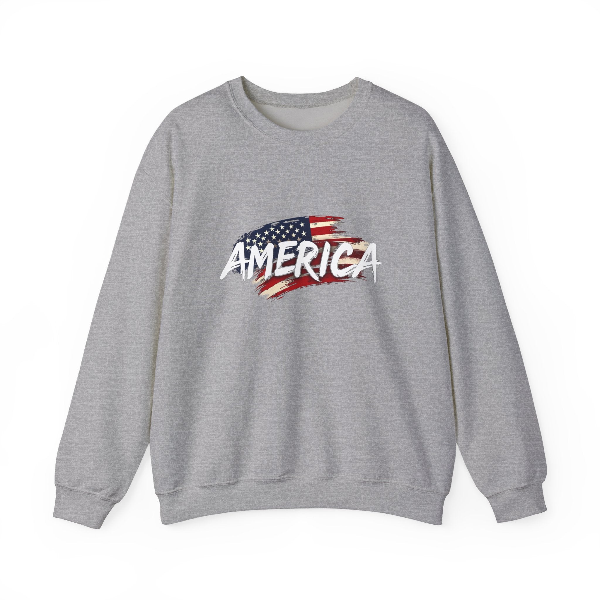 Gray sweatshirt with 'AMERICA' and an American flag design on a white background