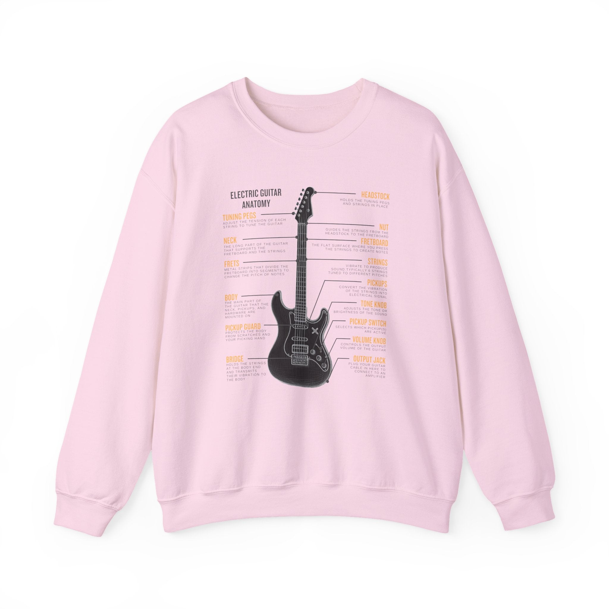 Pink sweatshirt with a electric guitar anatomy diagram design on a white background