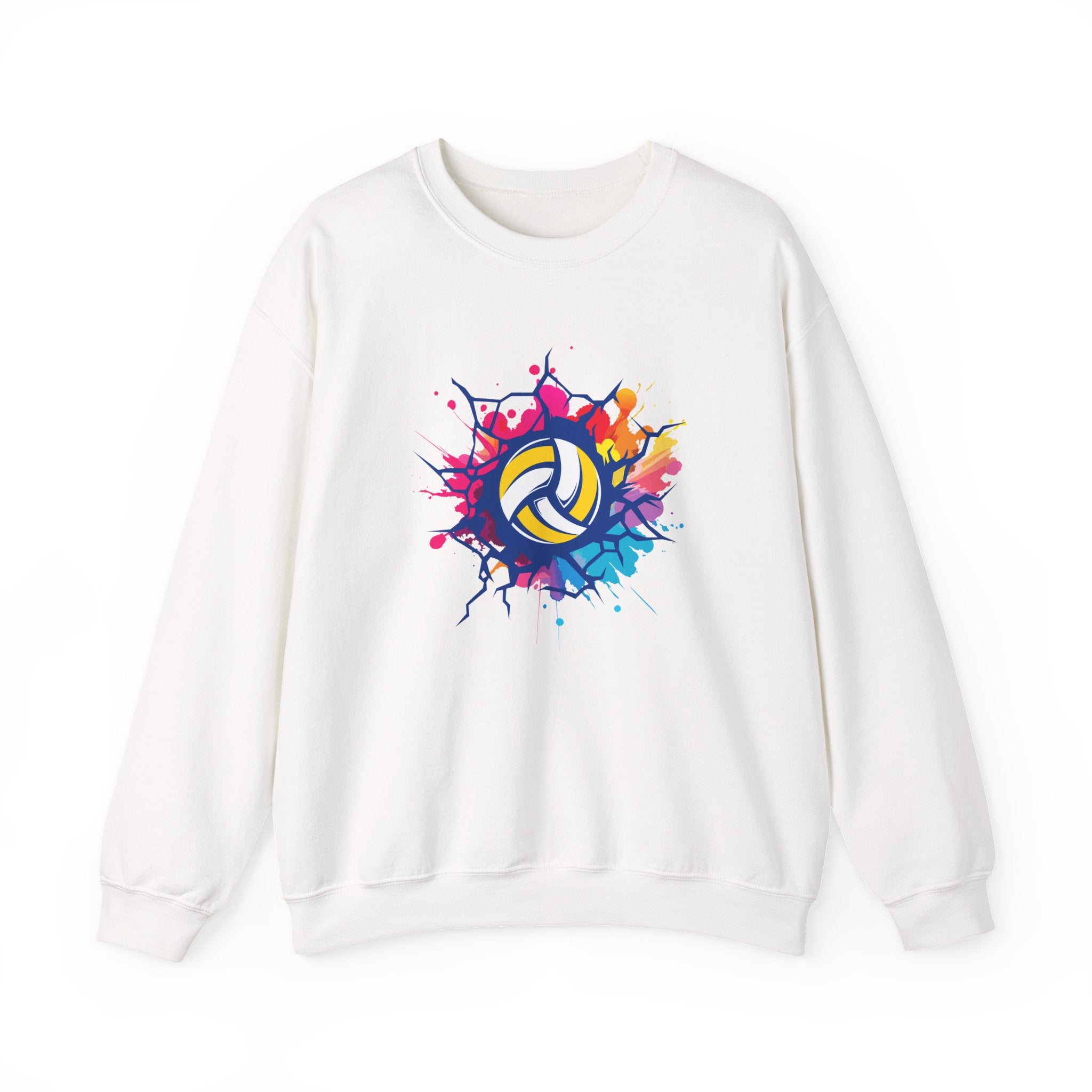 White sweatshirt with colorful volleyball design on a white background