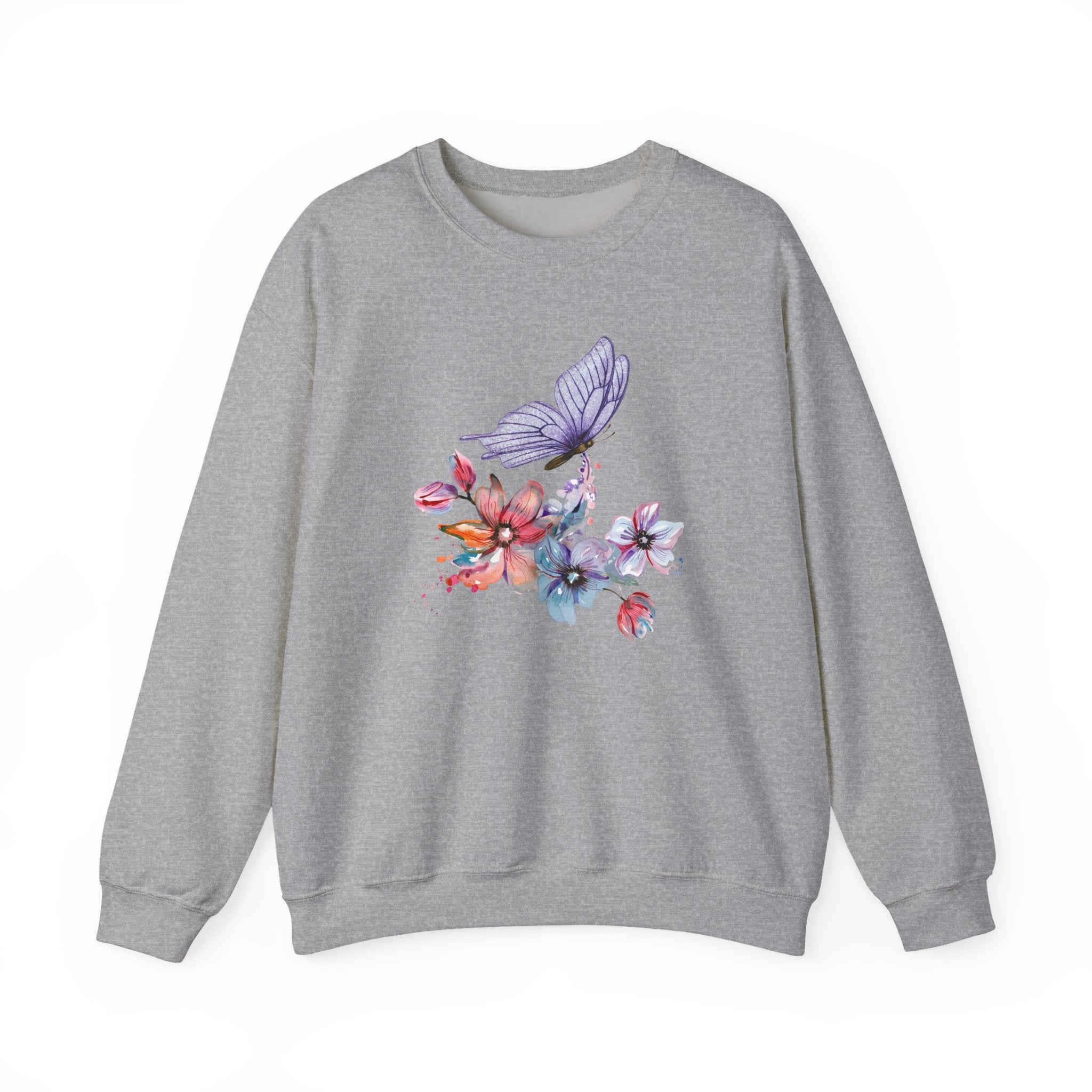 Gray sweatshirt with a colorful butterfly and flower design on a white background