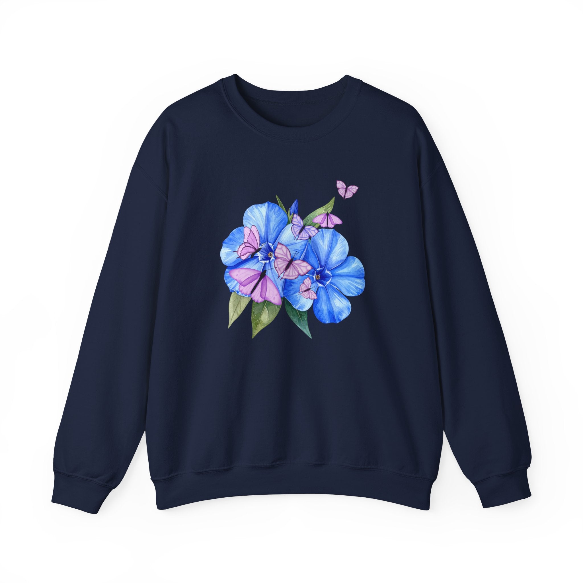 Navy blue sweatshirt with a flower and butterfly design on a white background