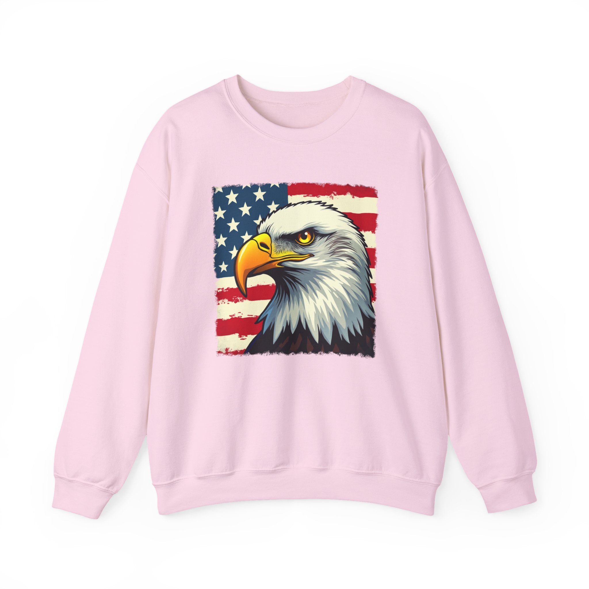 Pink sweatshirt with an eagle and American flag design on a white background