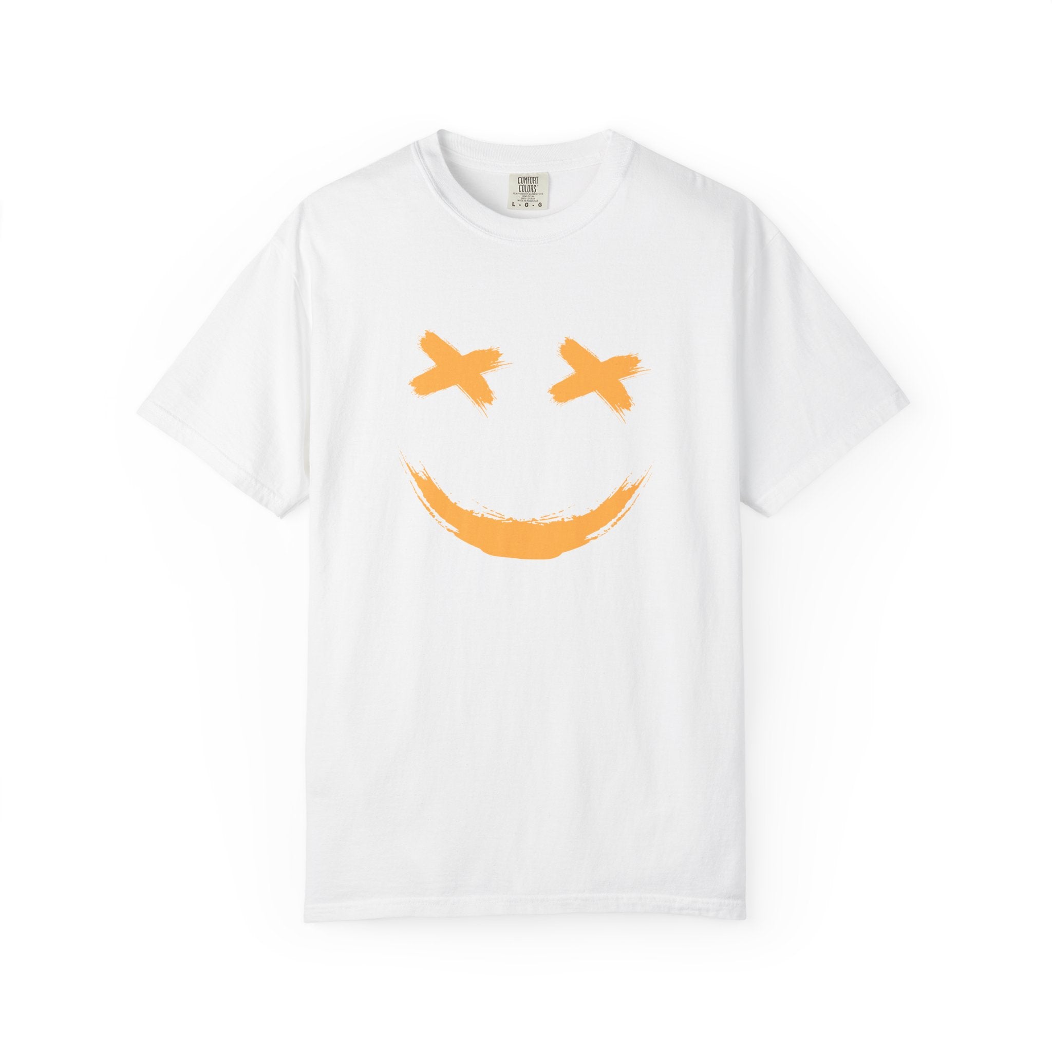 White t-shirt with a smiley logo on the chest against a white background