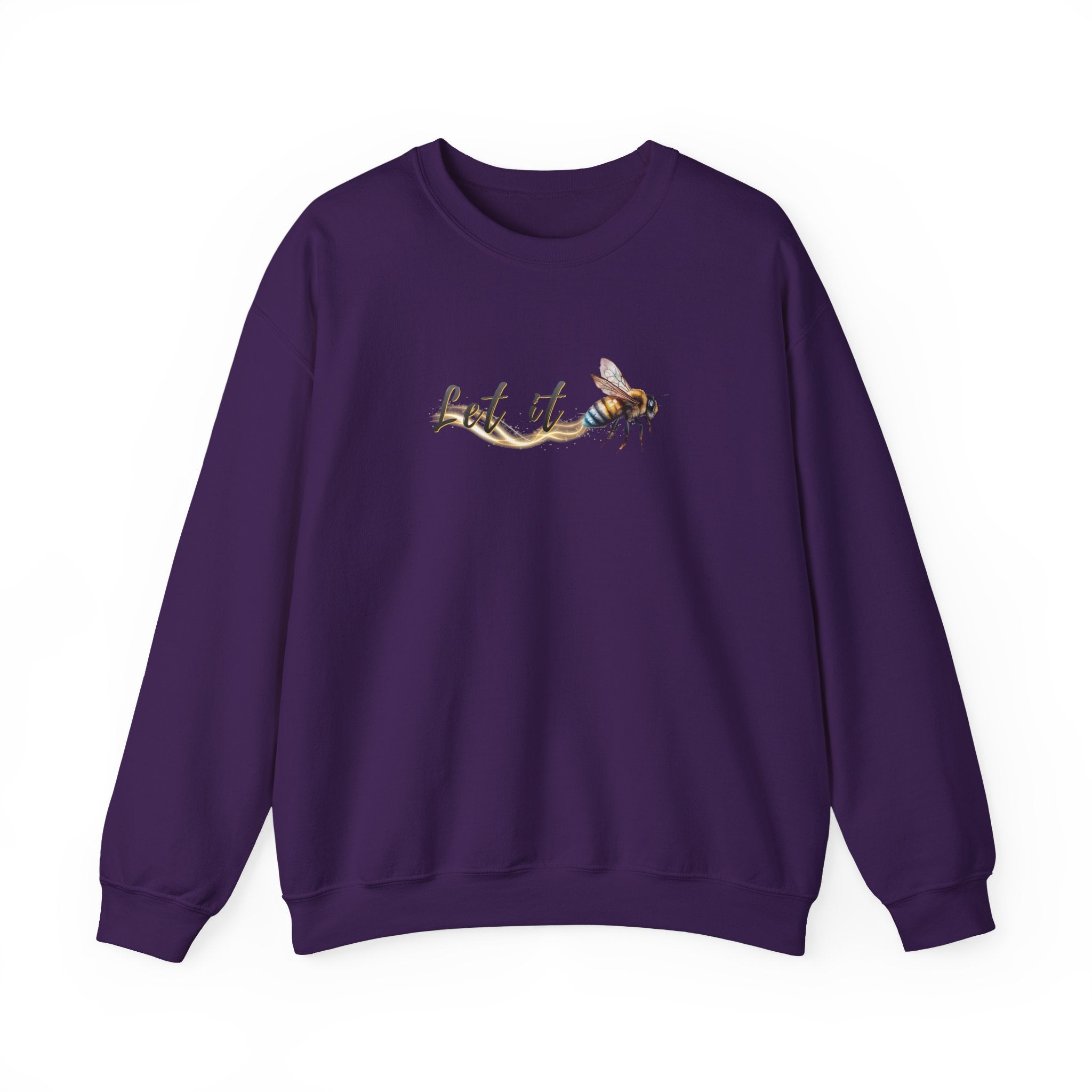 Purple sweatshirt with a bee and 'Let It' text design on a white background