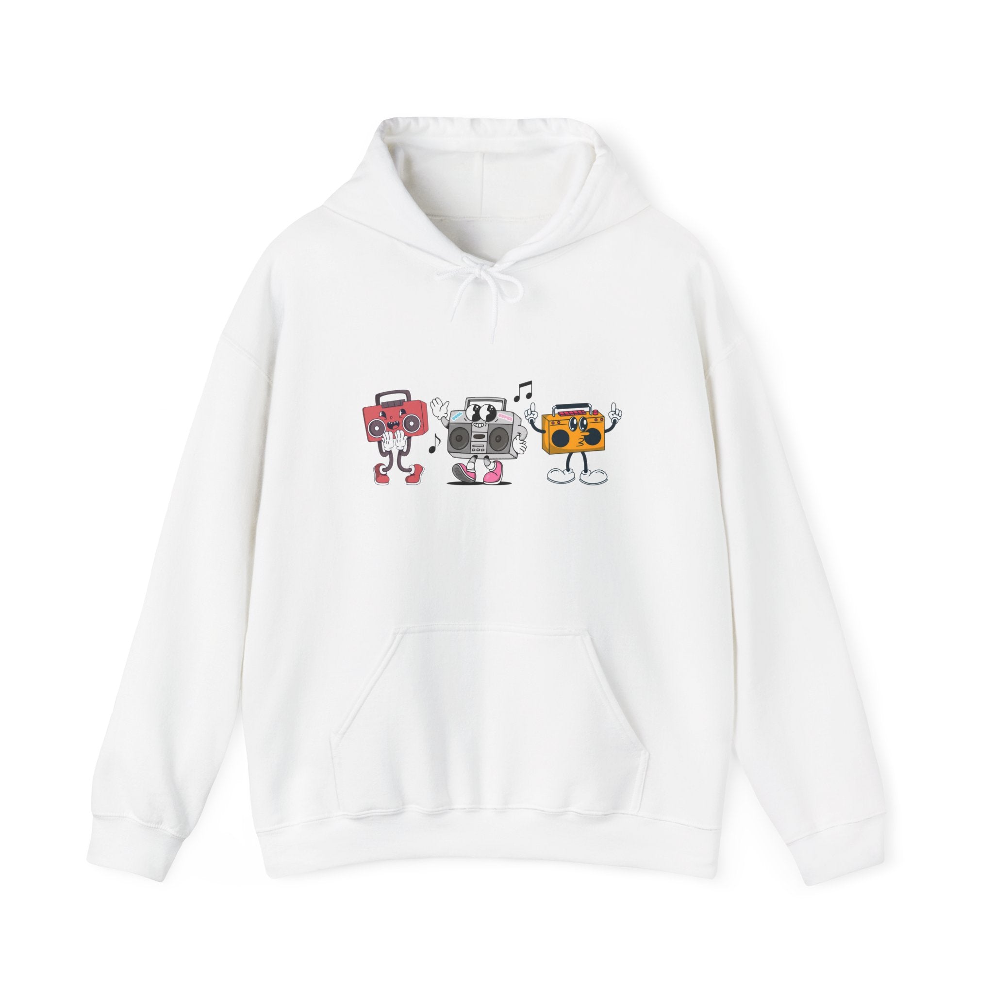White hoodie with cartoon robot design on a white background