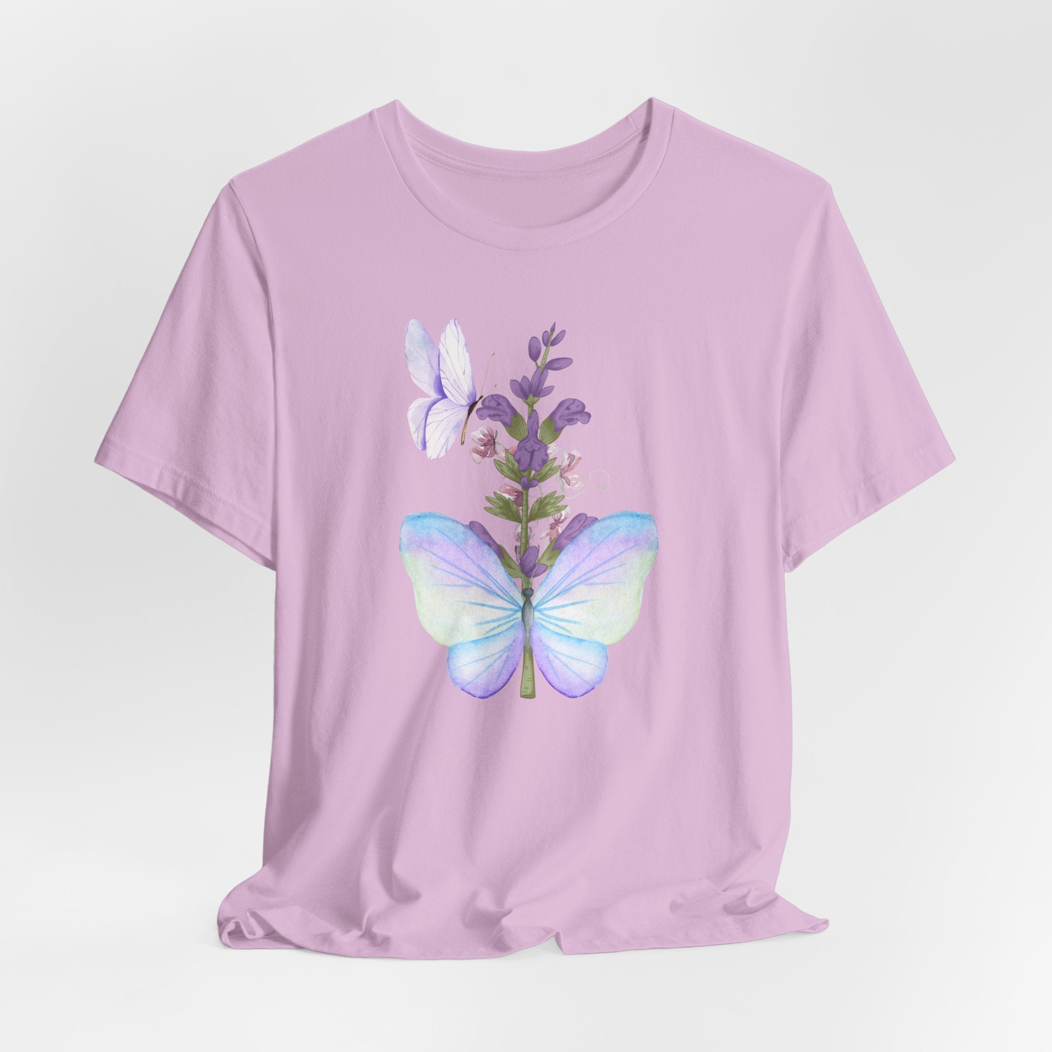 Lavender t-shirt with butterfly and flower design on a light purple background