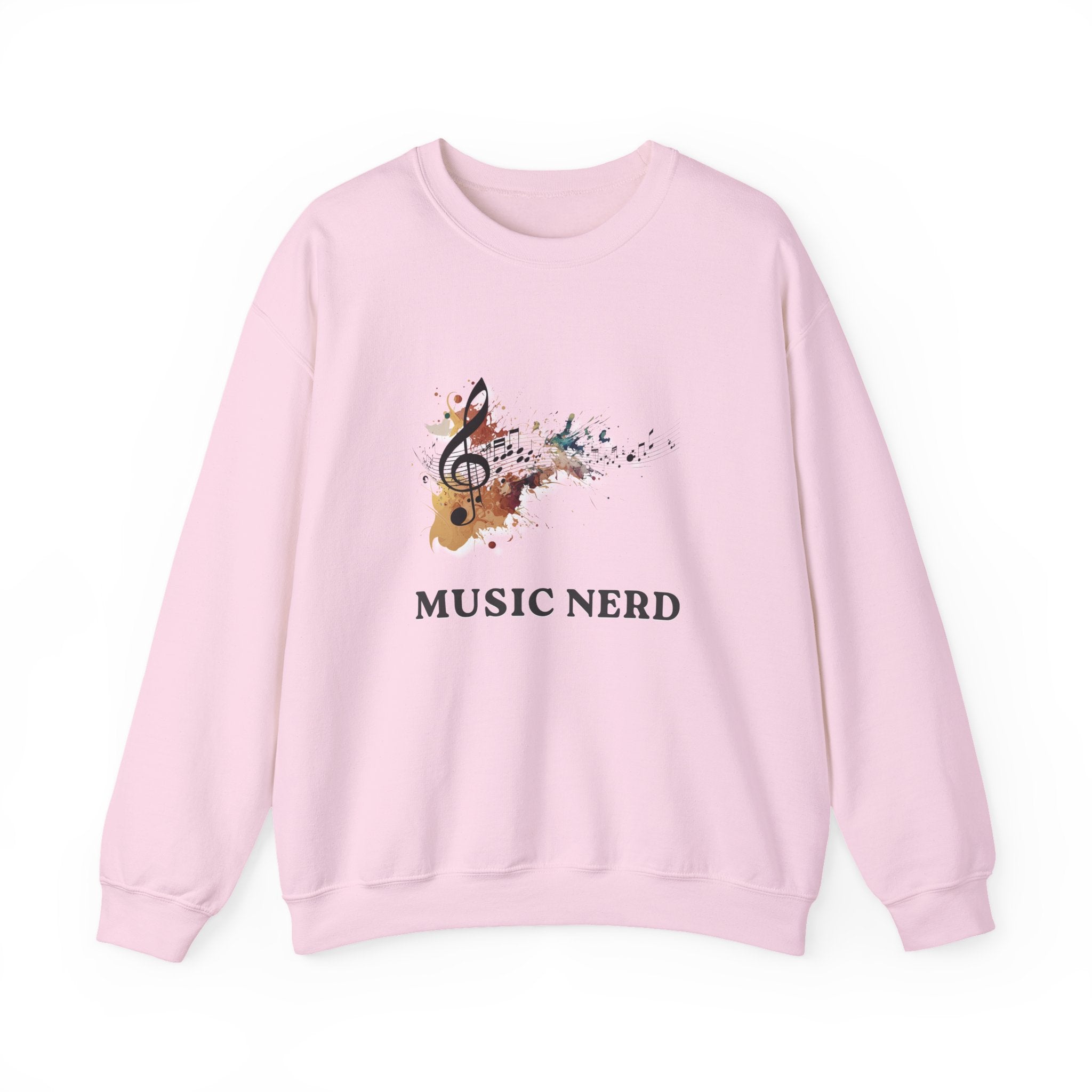 Pink sweatshirt with musical design and 'Music Nerd' text on a white background