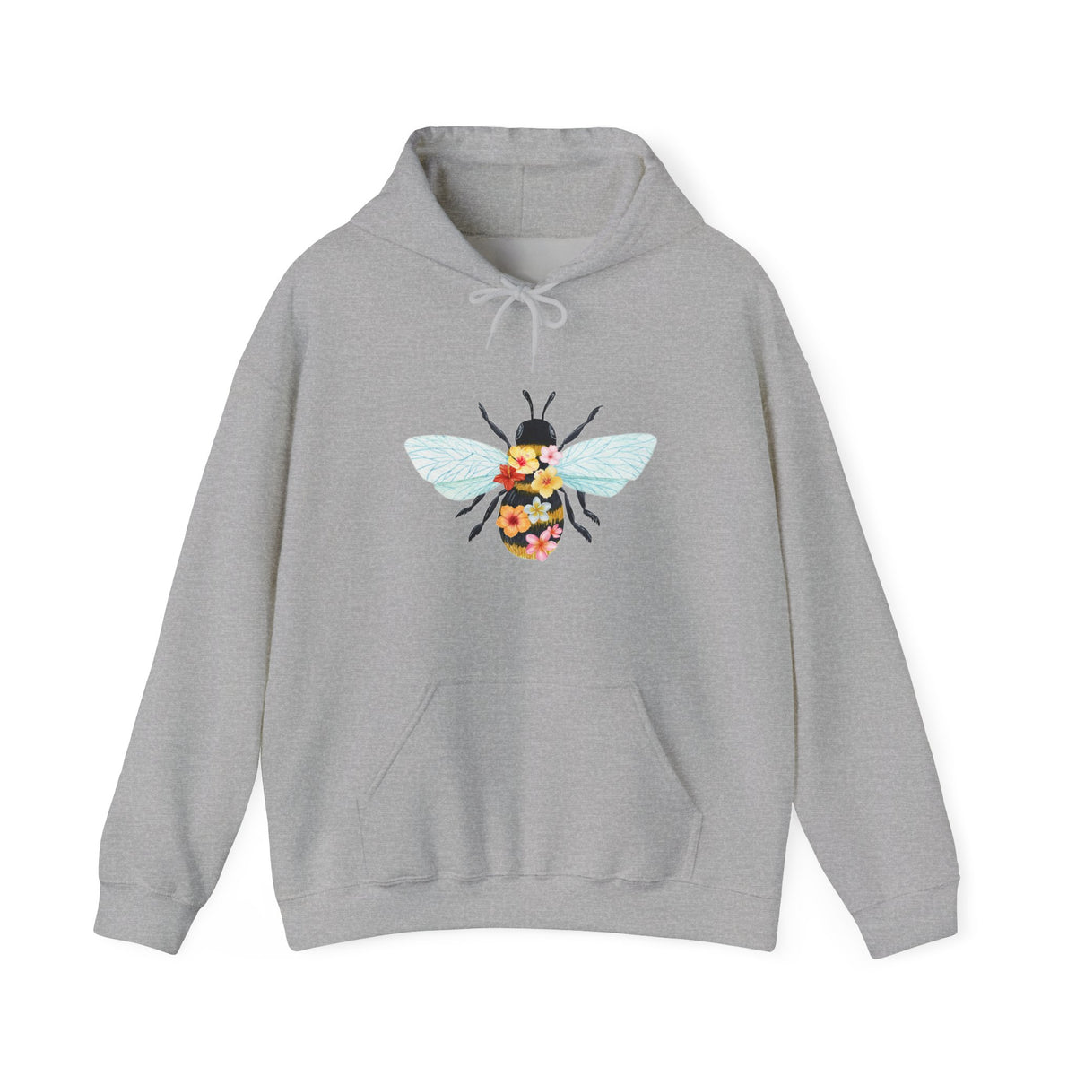 Gray hoodie with floral and bee design on a white background