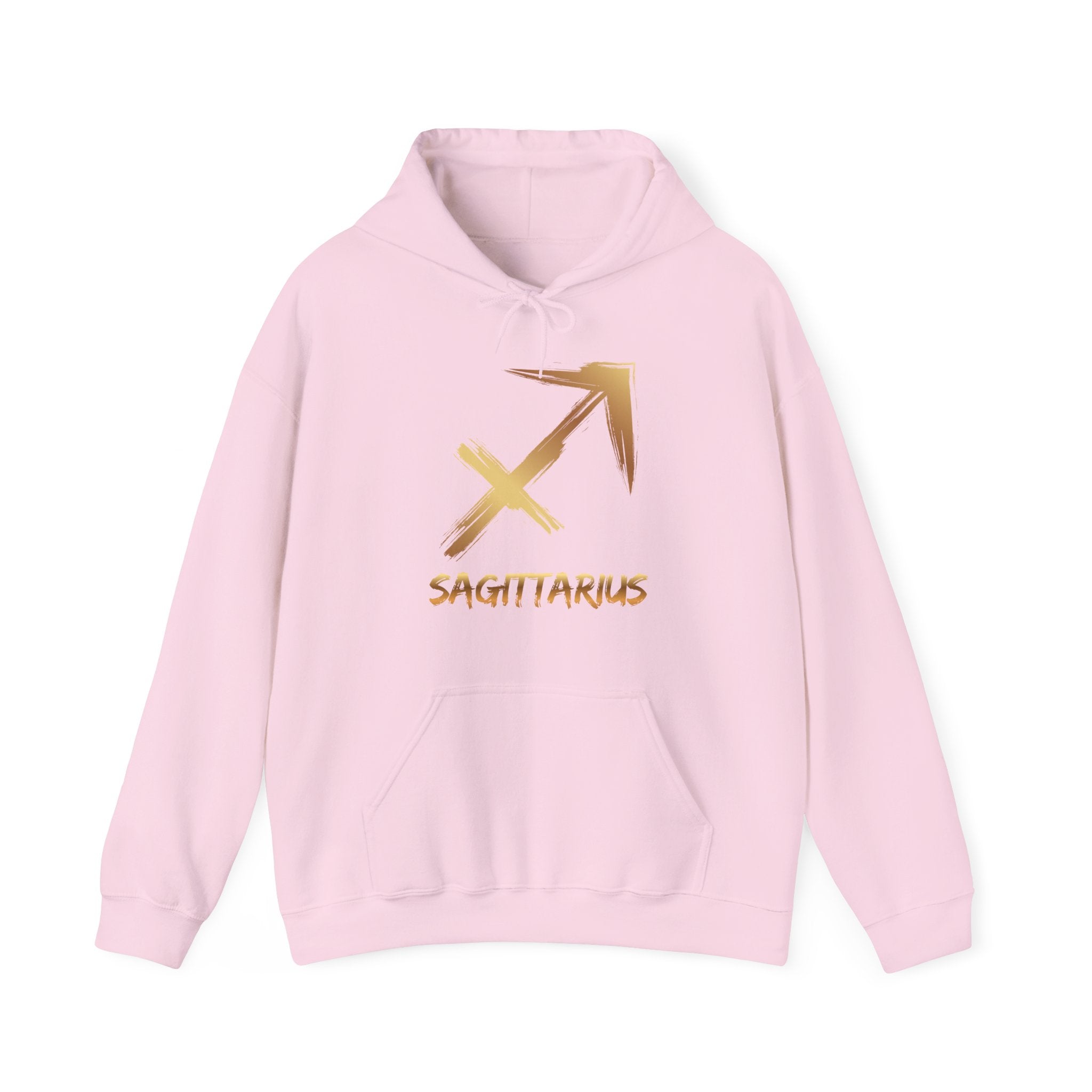 Pink hoodie with gold Sagittarius symbol on a white background
