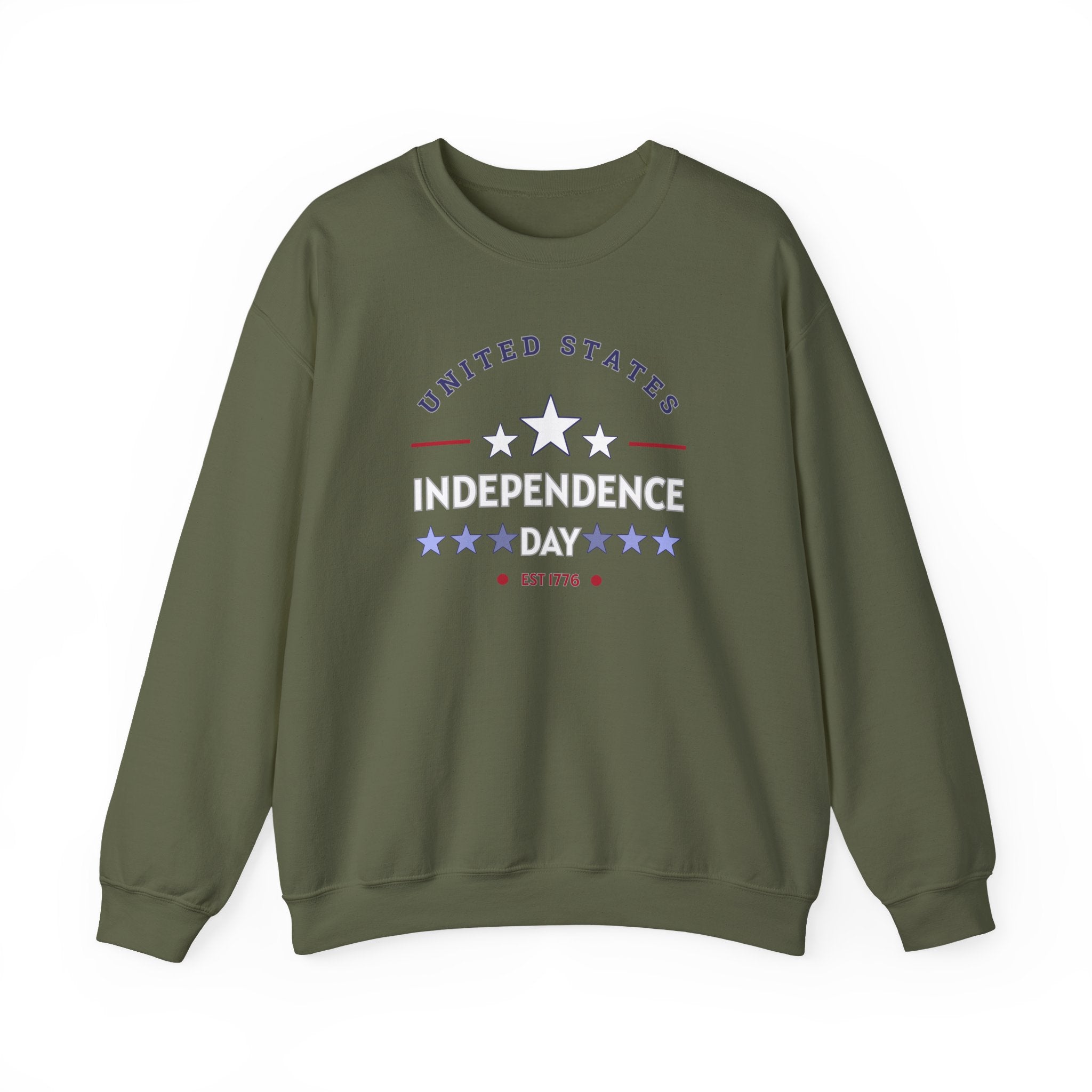 Green sweatshirt with 'United States Independence Day' text on a white background