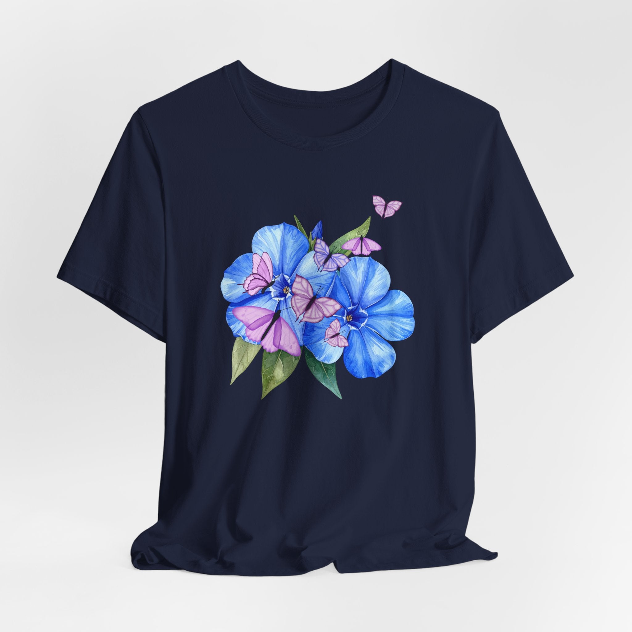 Navy blue t-shirt with blue floral design on a light gray background