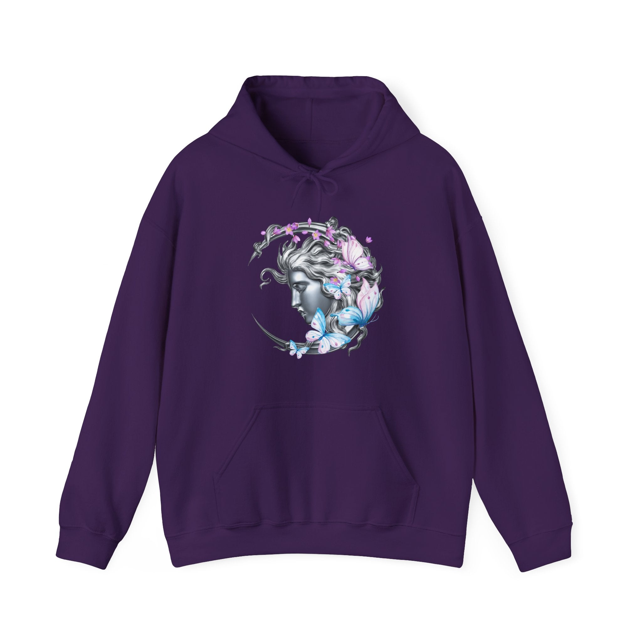 Purple hoodie with a woman and flower design on a white background