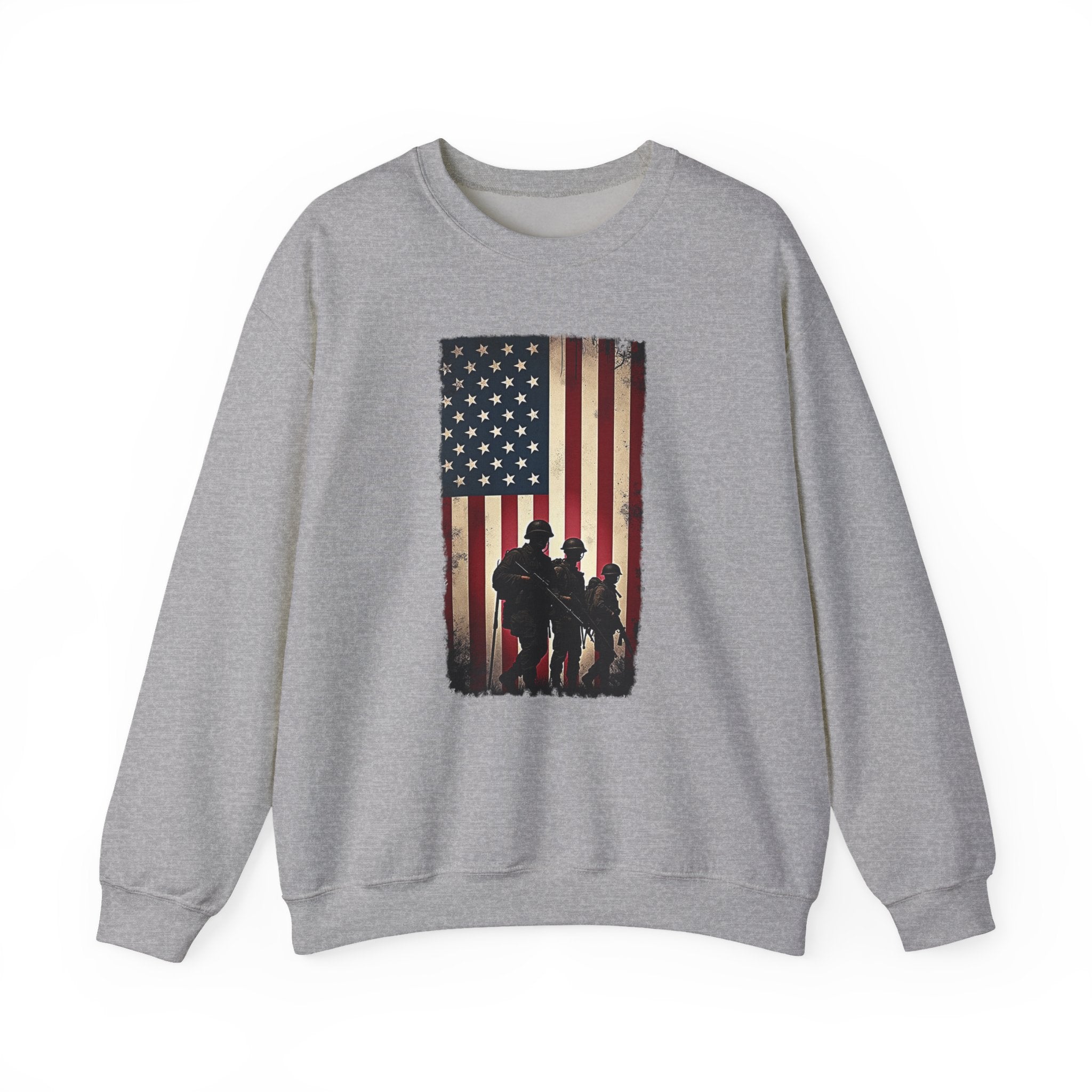 Gray sweatshirt with American flag and silhouette design on a white background