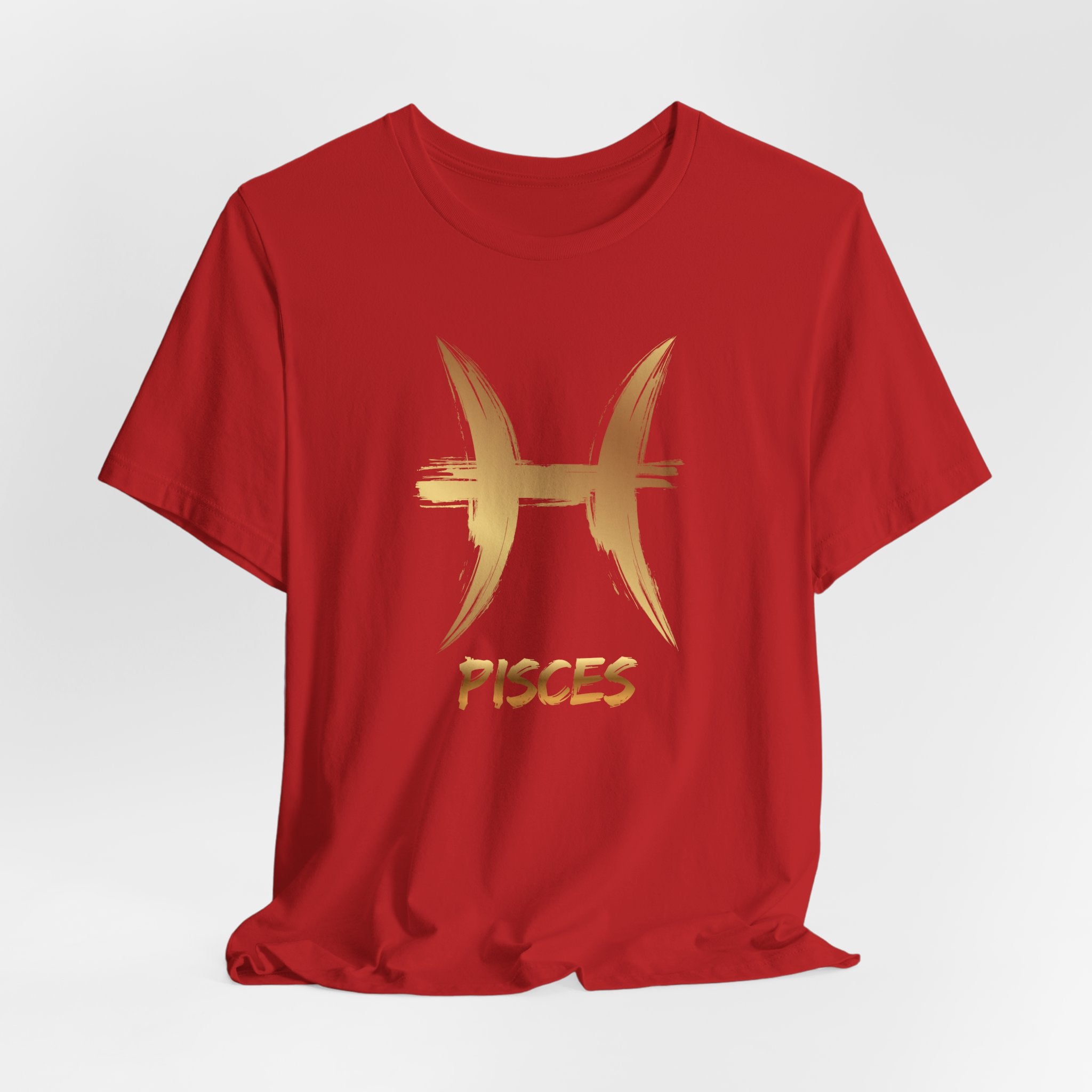 Red t-shirt with gold Pisces symbol and text on a white background