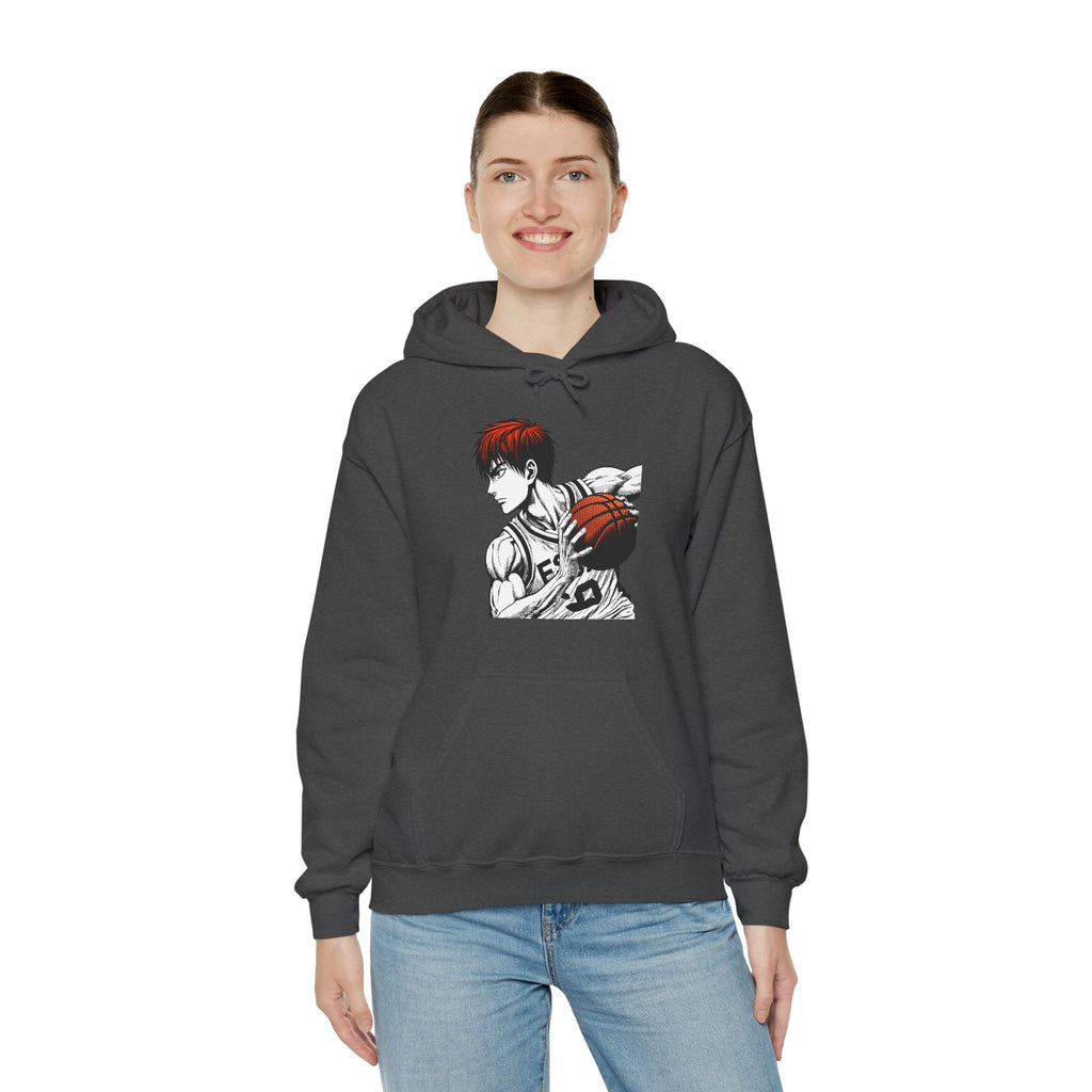 Person wearing a dark gray hoodie with a graphic design on a white background