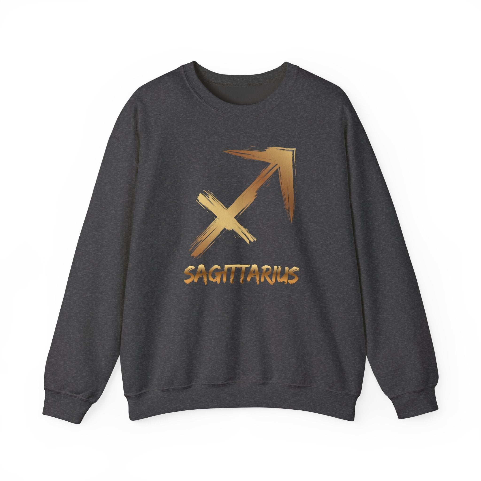Dark gray sweatshirt with gold Sagittarius symbol and text on a white background