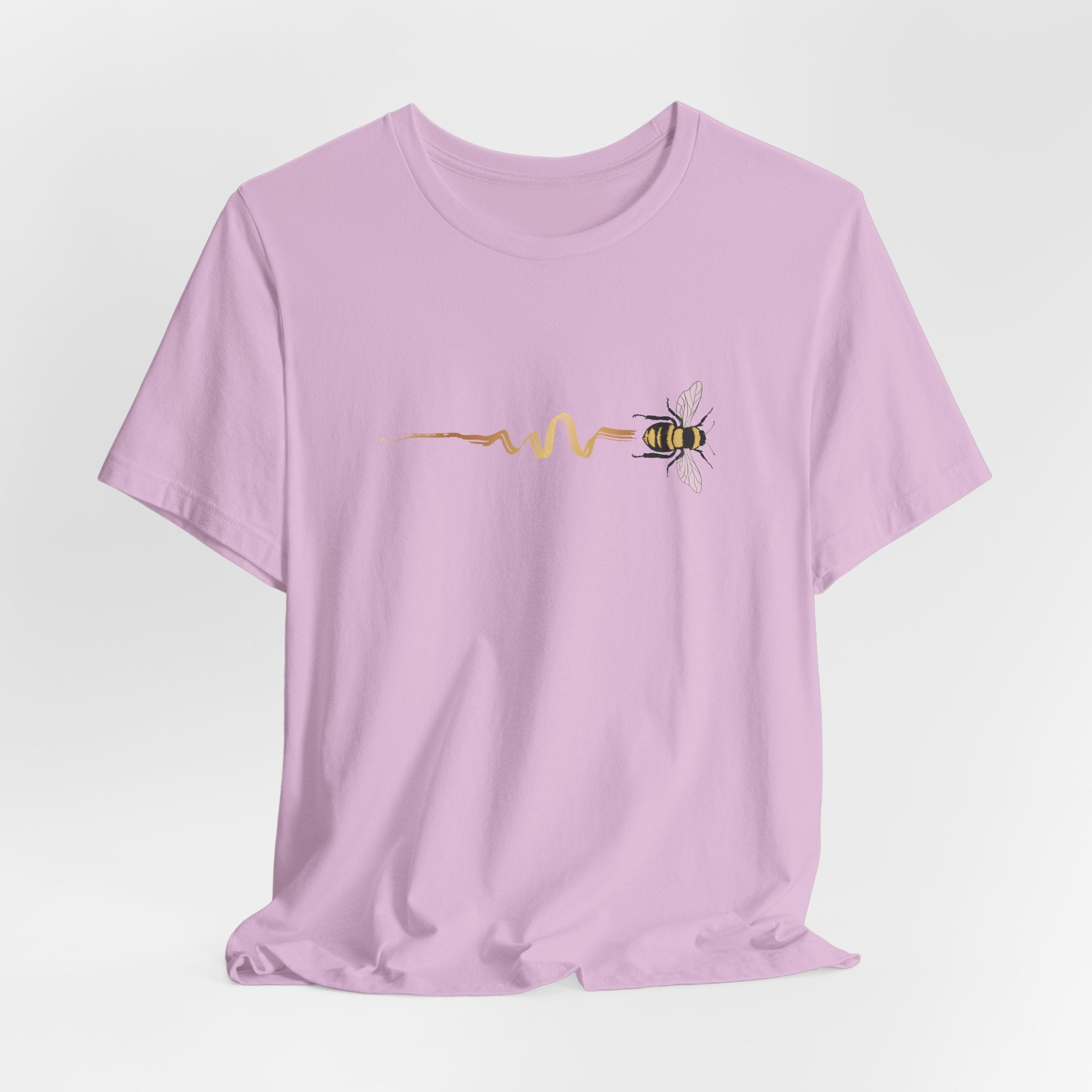 Light purple t-shirt with a bee design on a white background