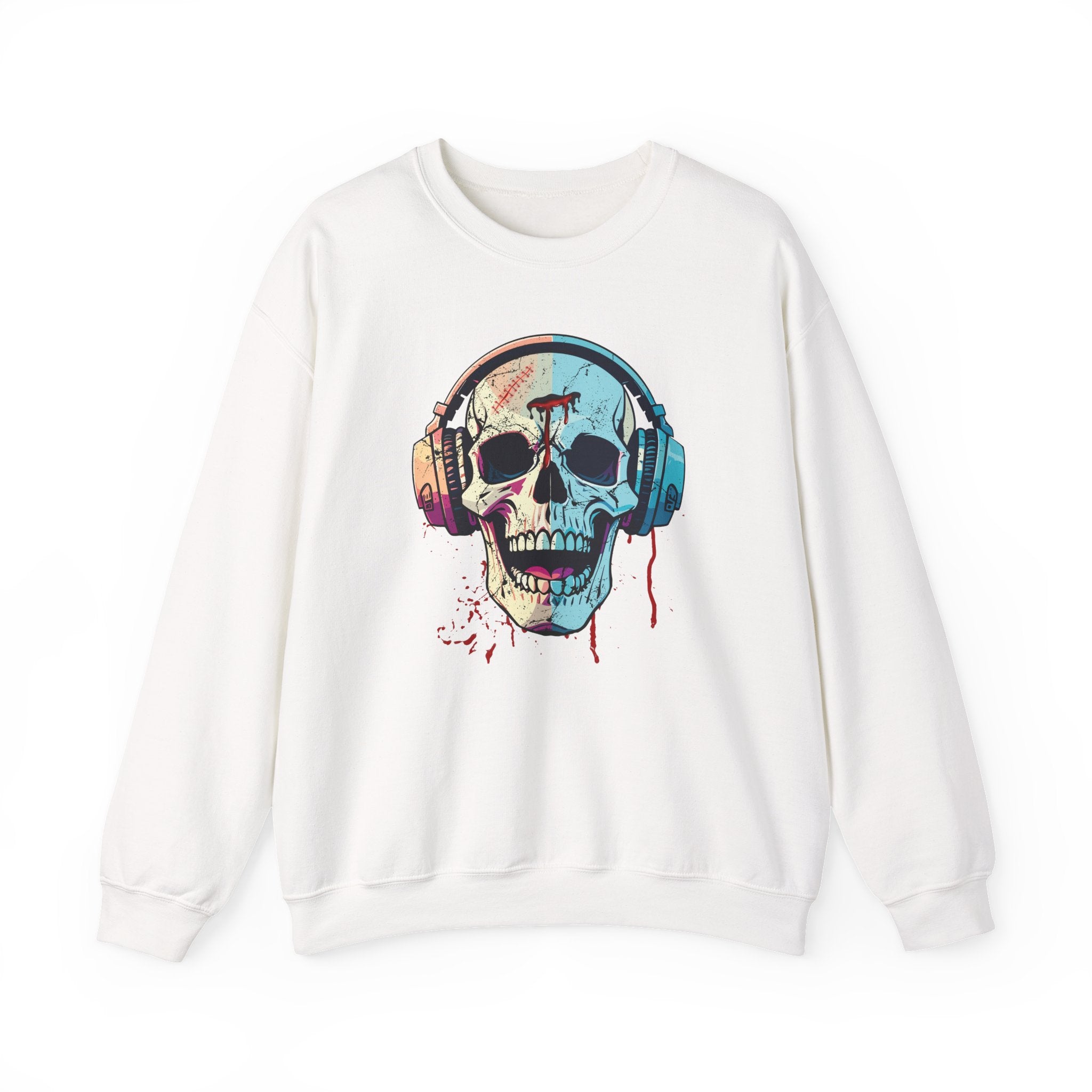 White sweatshirt with a colorful skull design wearing headphones on a white background