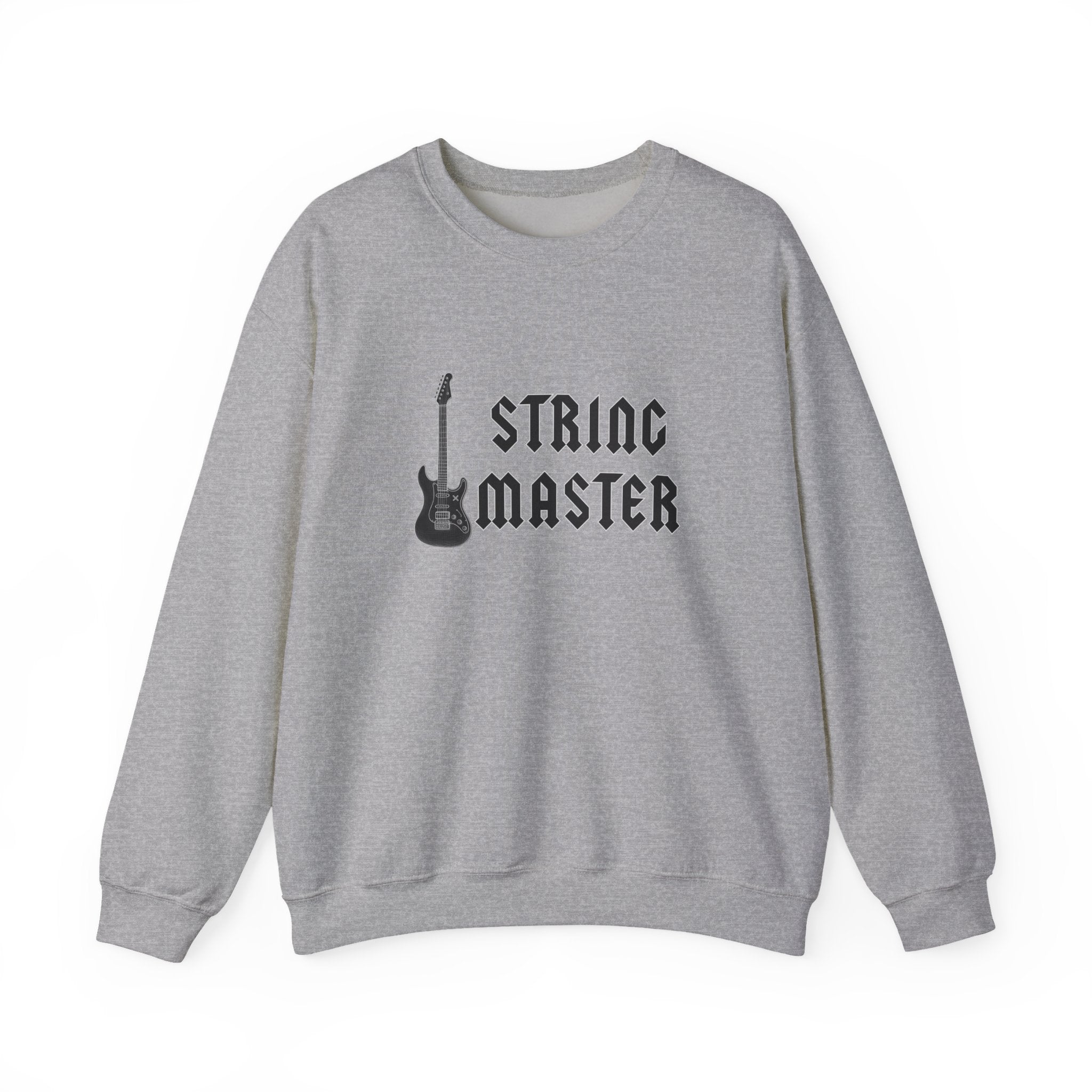 Gray sweatshirt with 'String Master' graphic and guitar on a white background