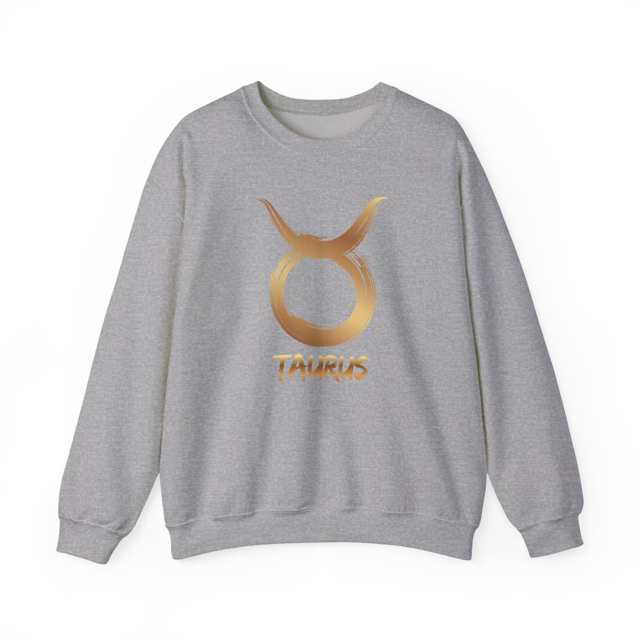 Gray sweatshirt with gold Taurus symbol and text on a white background