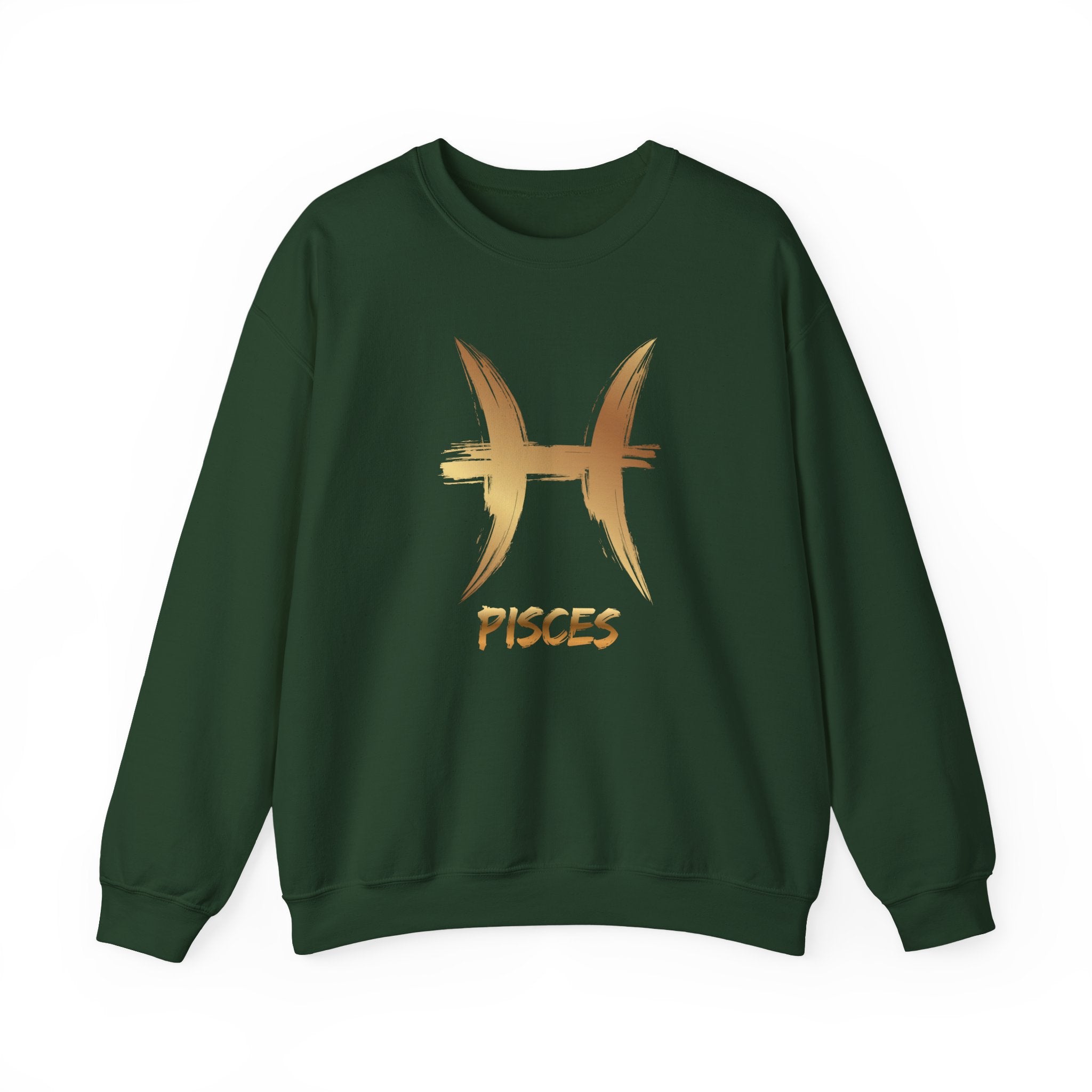 Green sweatshirt with Pisces symbol and text on a white background