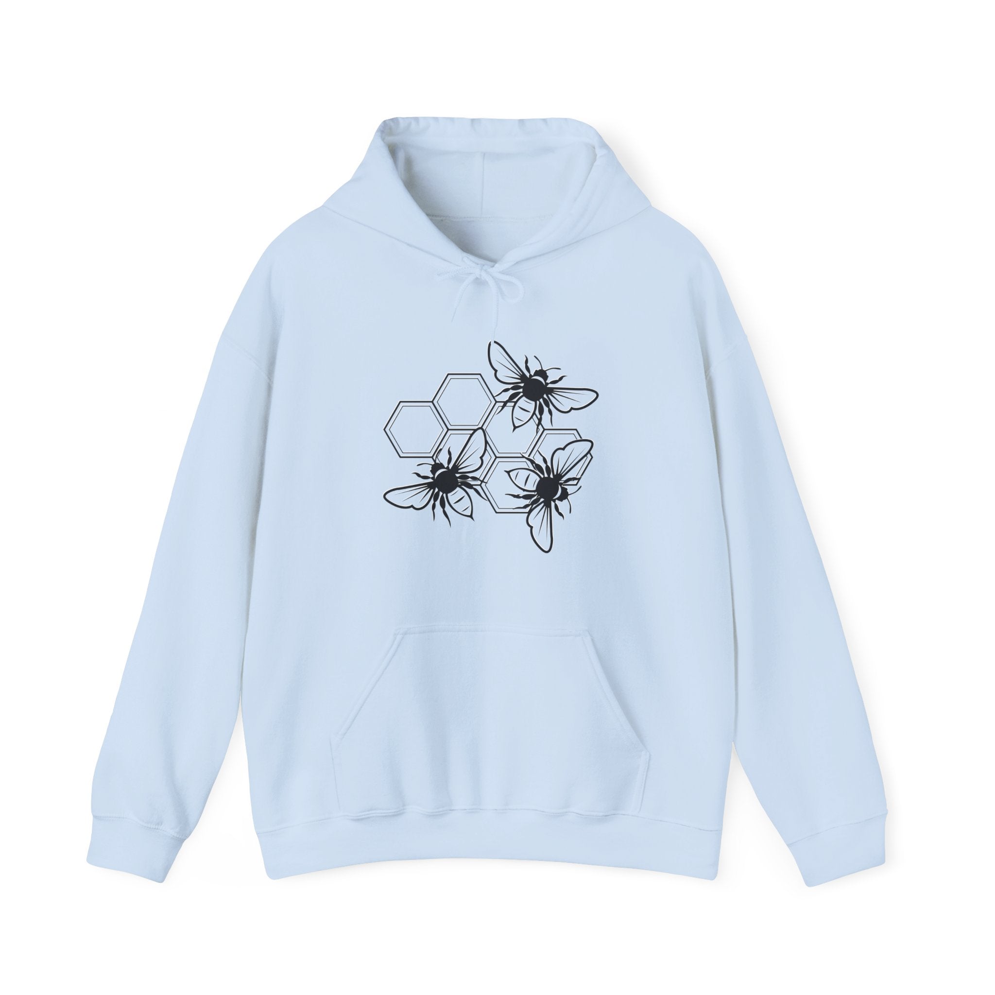 Light blue hoodie with a bee design on a white background