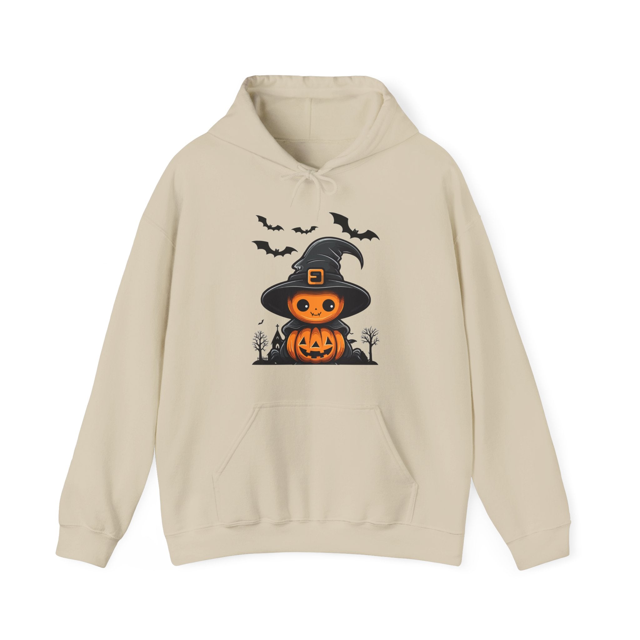 Beige hoodie with Halloween-themed design featuring a pumpkin in a witch hat on a white background