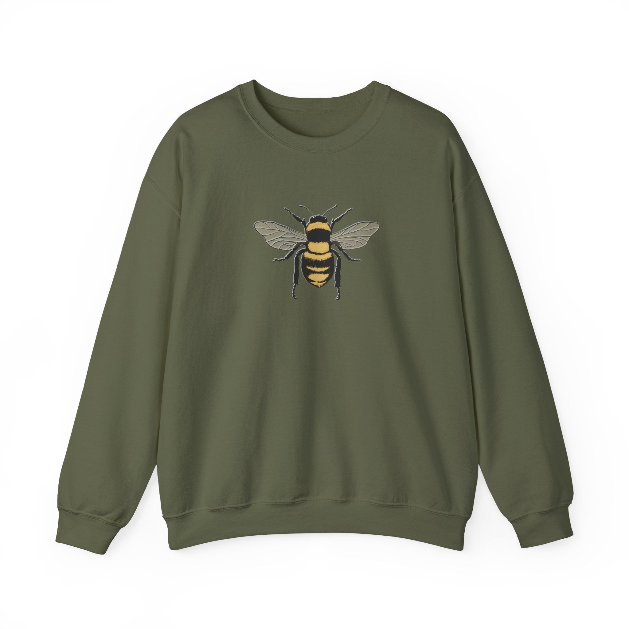 Green sweatshirt with bee graphic on a white background