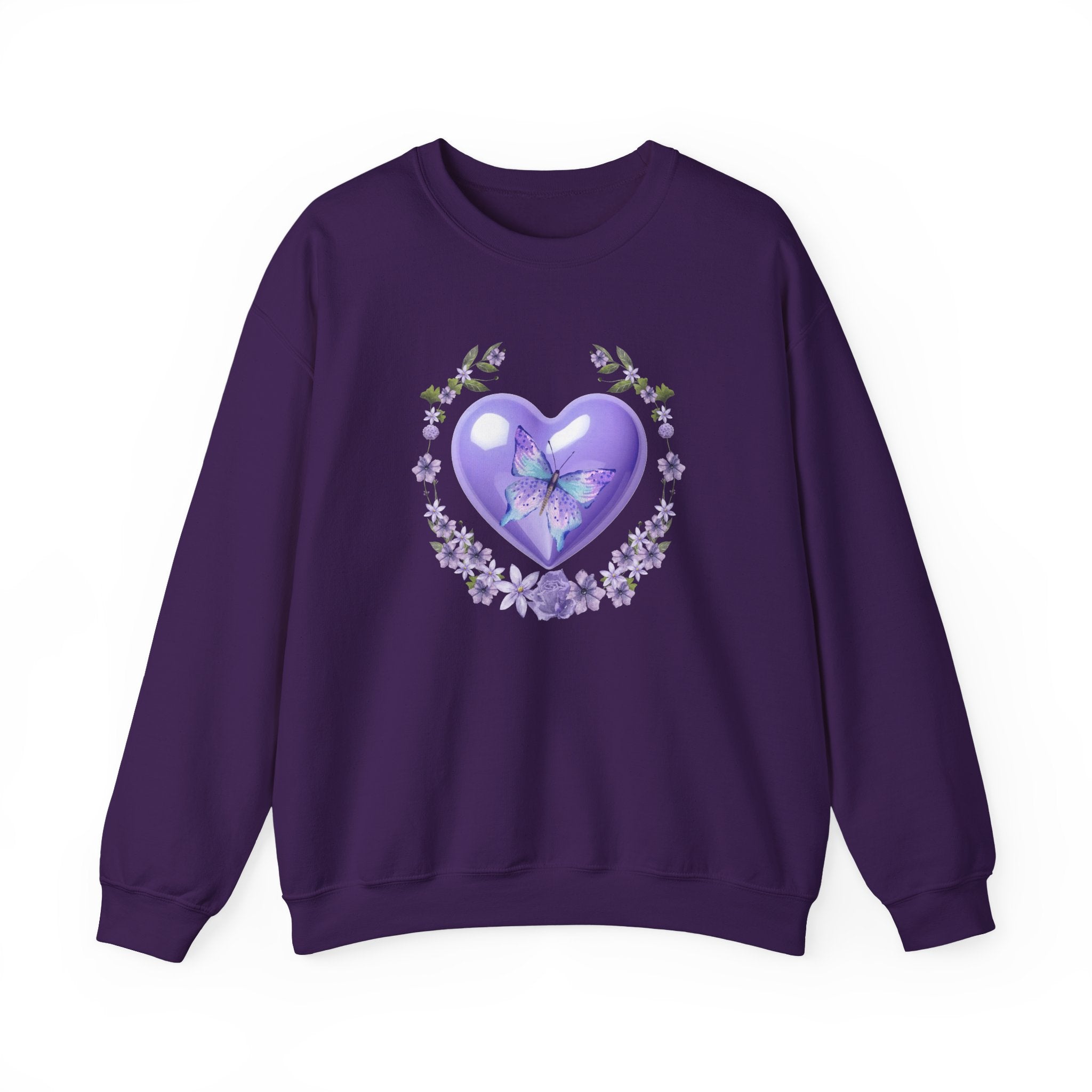 Purple sweatshirt with a heart design featuring a butterfly on a white background