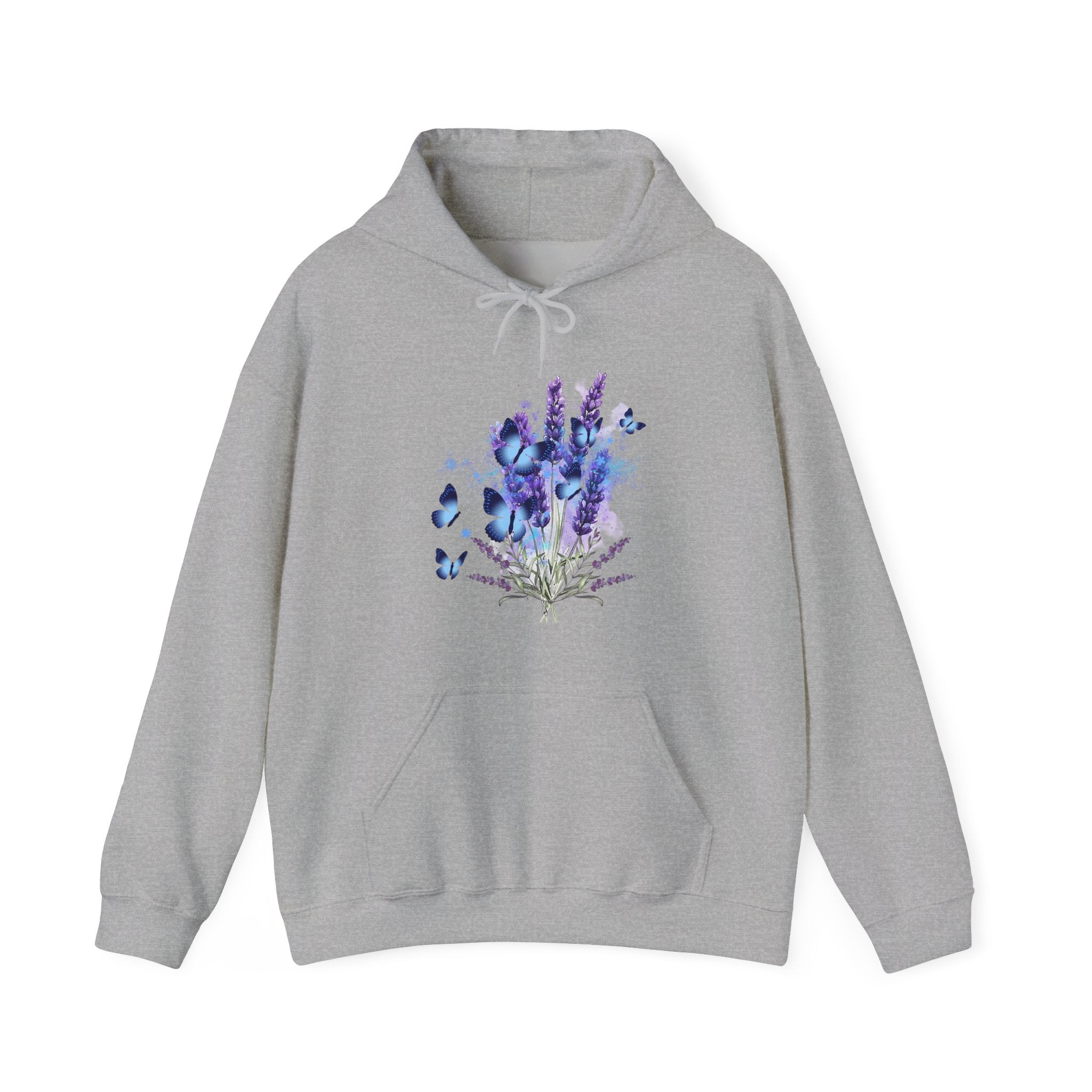 Gray hoodie with a floral design on a white background