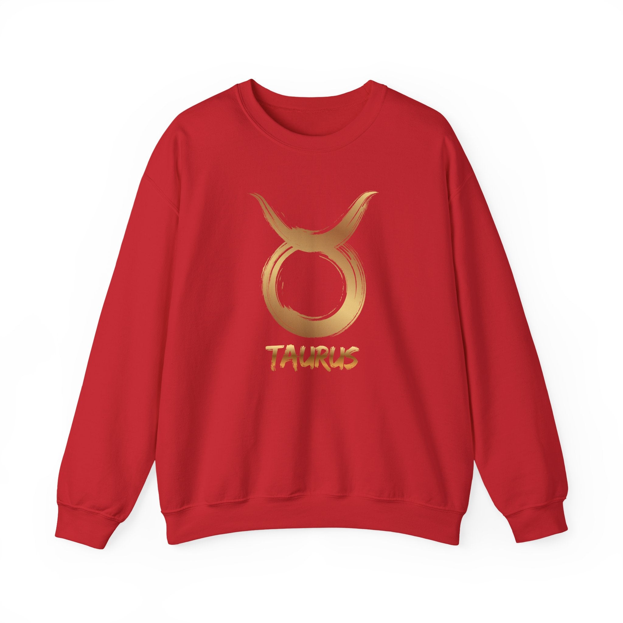 Red sweatshirt with gold Taurus symbol and text on a white background