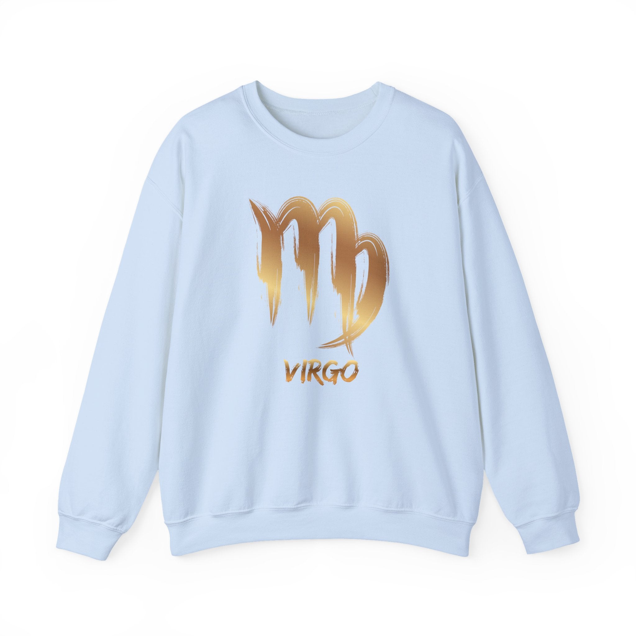 Light blue sweatshirt with gold 'Virgo' design on a white background
