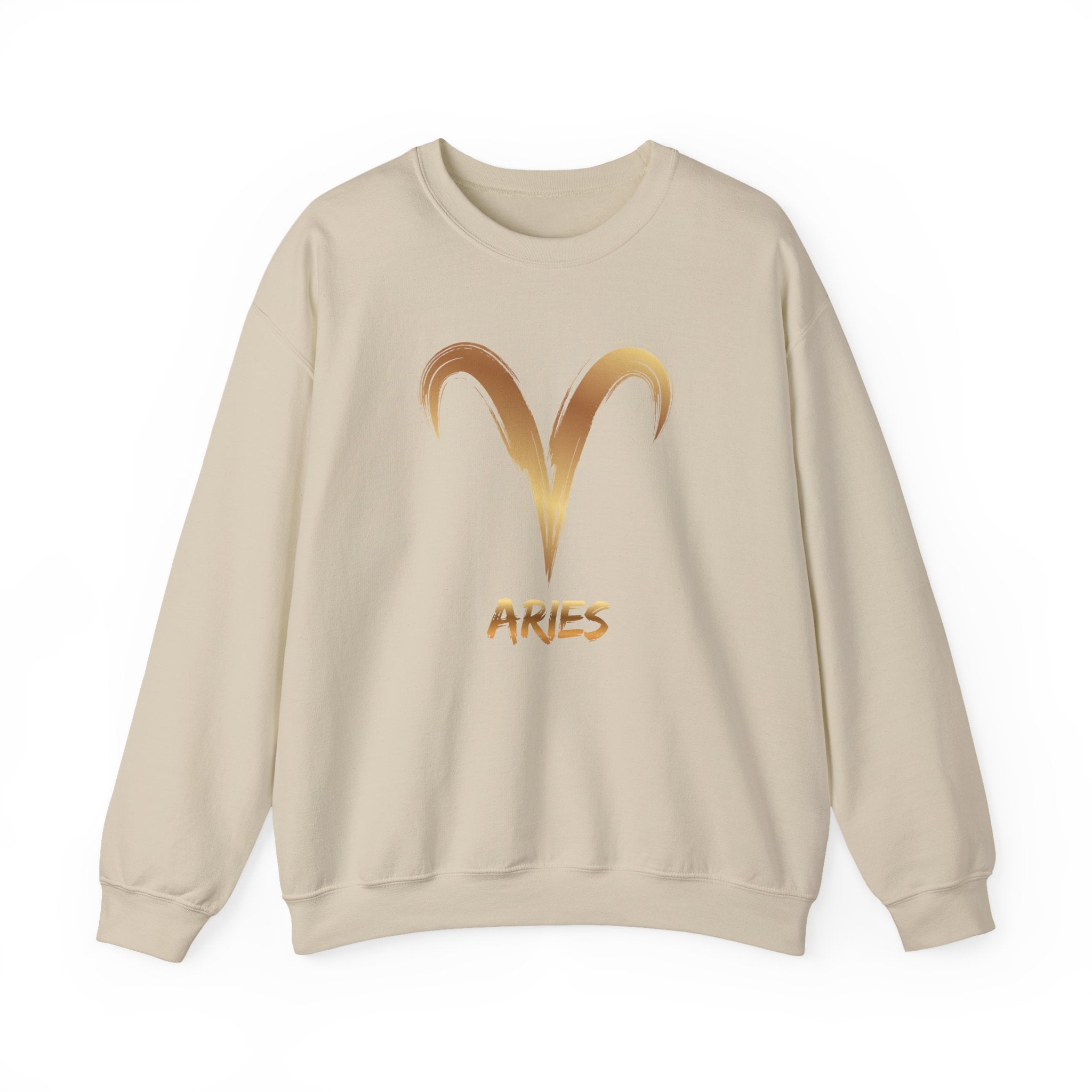 Beige sweatshirt with Aries symbol and text on a white background