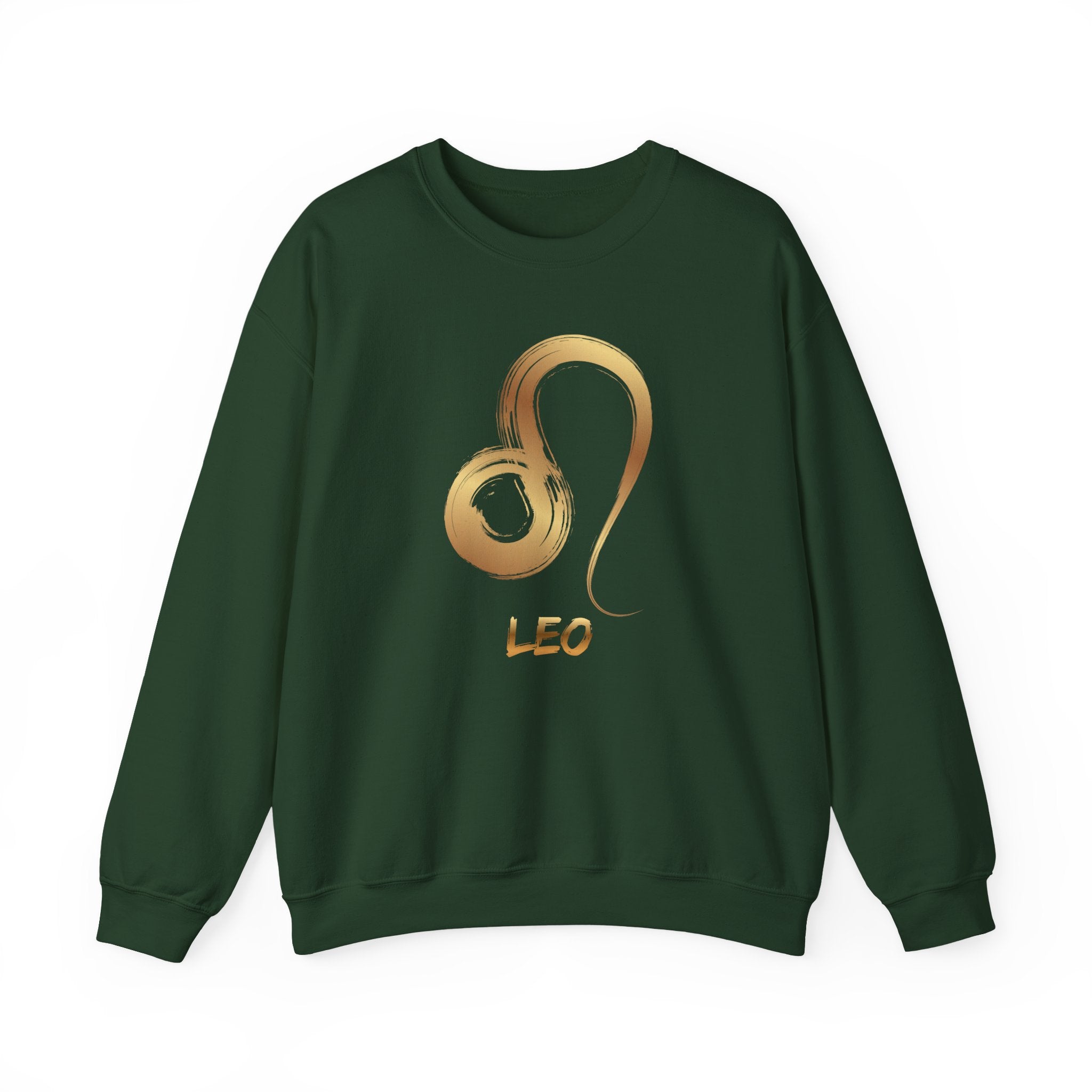 Green sweatshirt with a gold Leo zodiac symbol on a white background