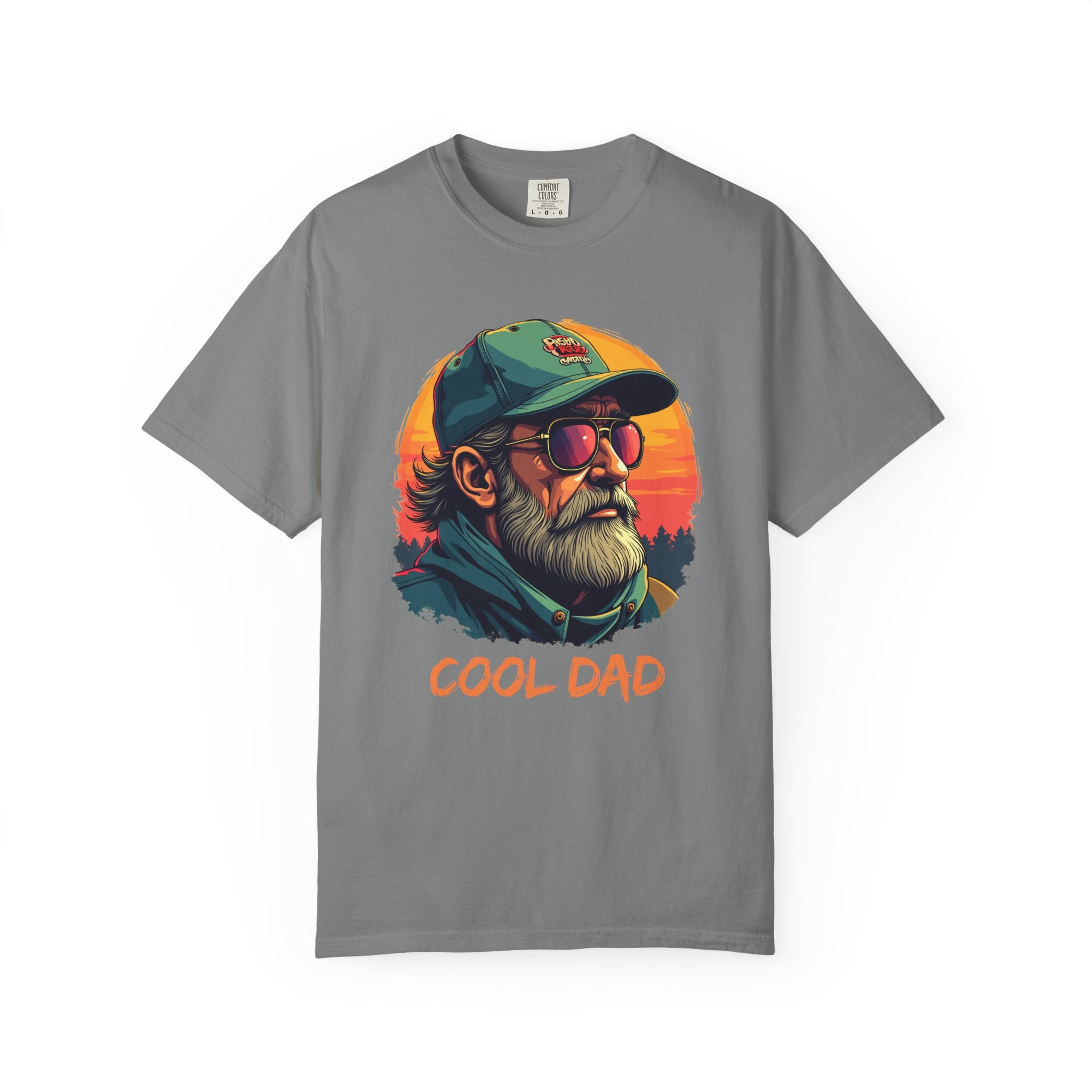 Gray t-shirt with 'Cool Dad' graphic design featuring a man with sunglasses and a cap on a white background