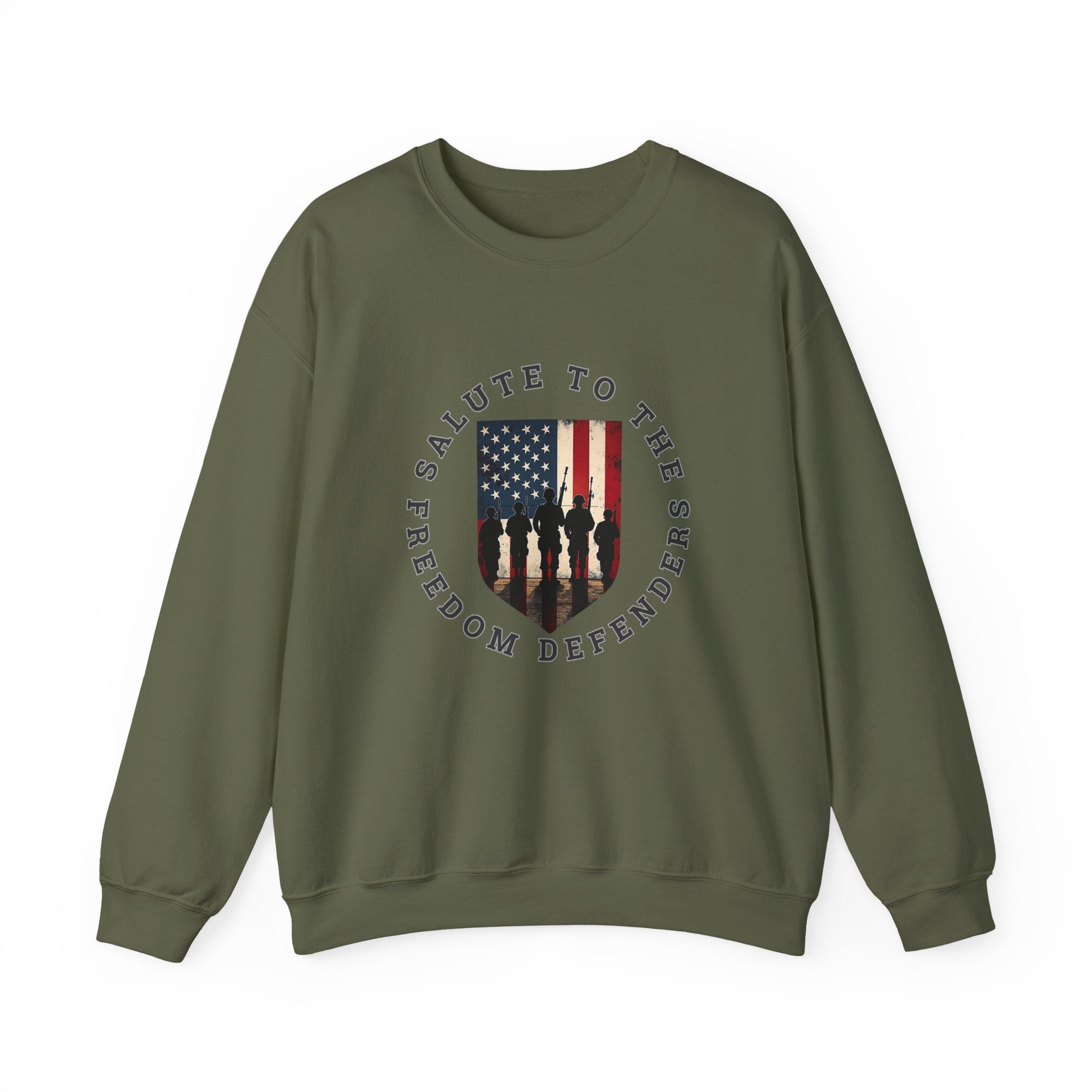Green sweatshirt with 'Salute to the Freedom Defenders' design on a white background