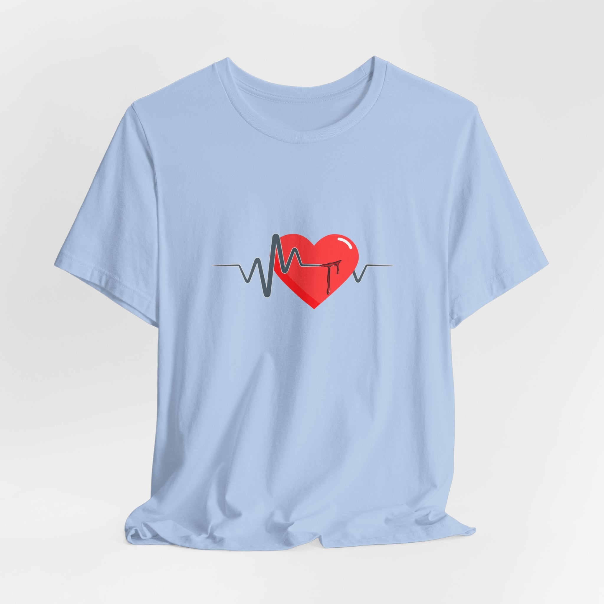 Light blue t-shirt with a red heart and black line design on a white background