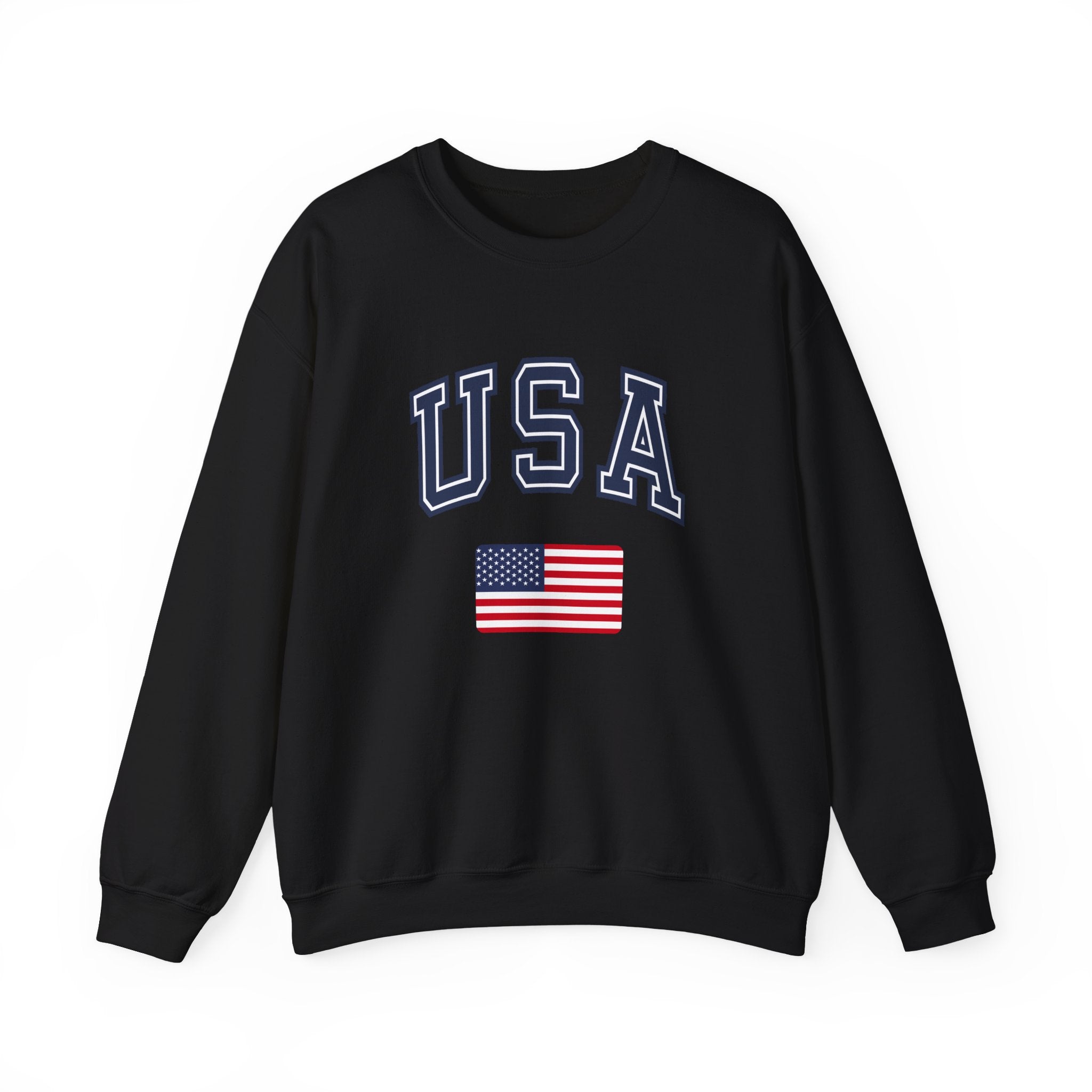 Black sweatshirt with 'USA' and American flag on a white background