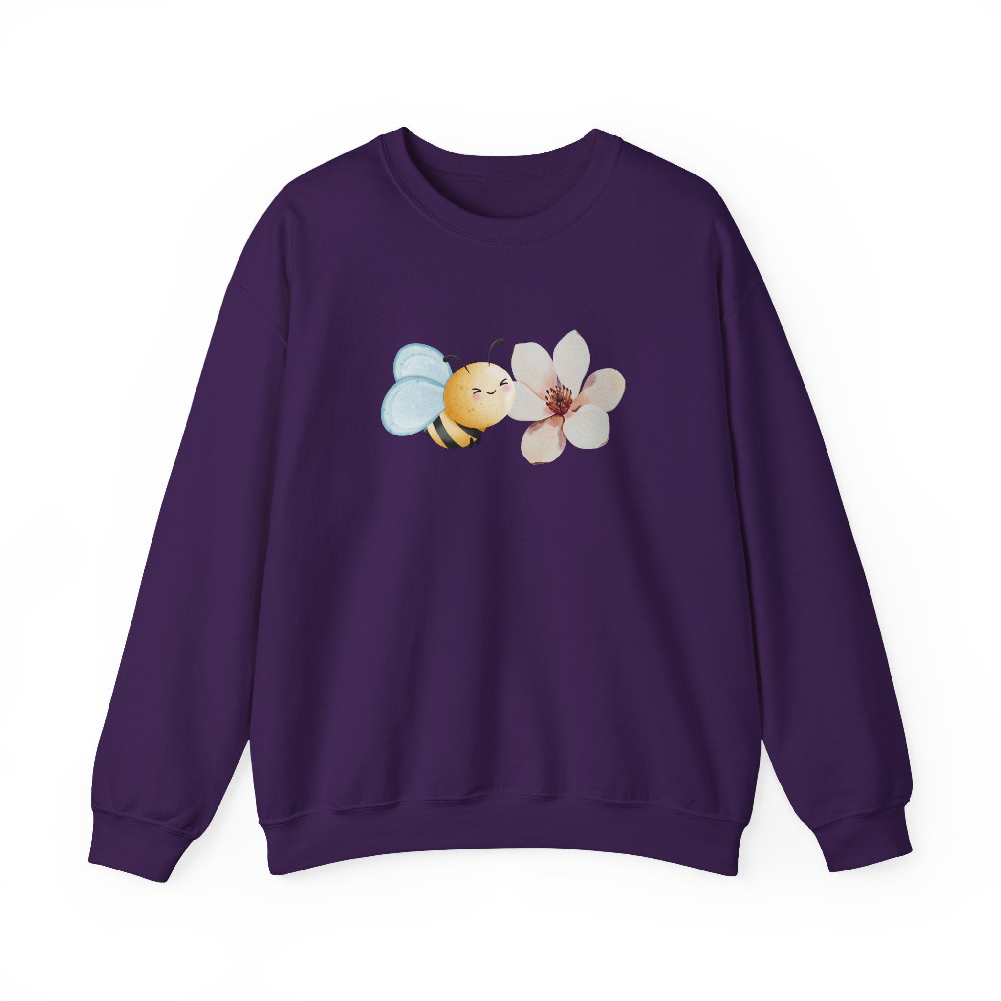 Purple sweatshirt with a bee and flower design on a white background
