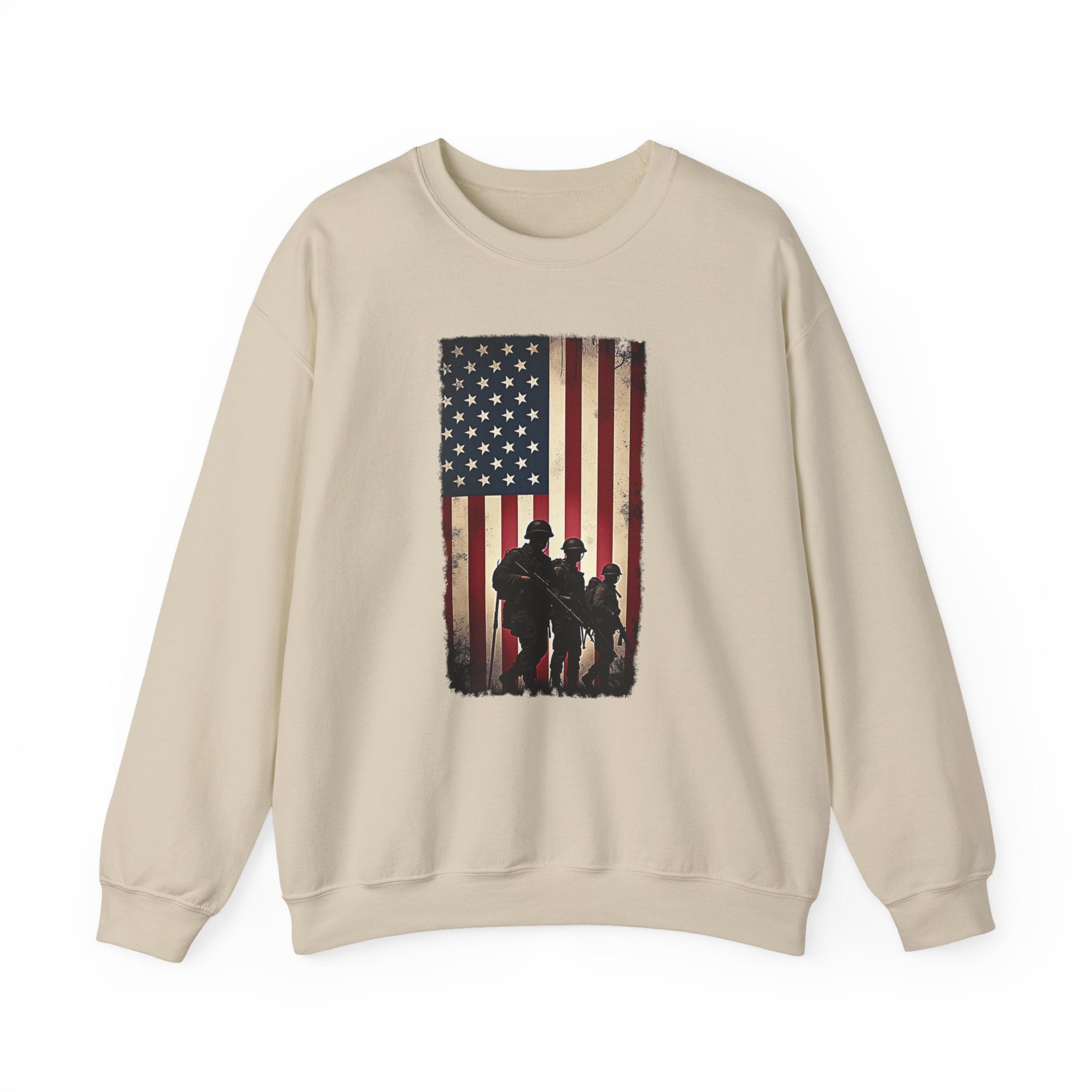 Beige sweatshirt with American flag and silhouette design on a white background