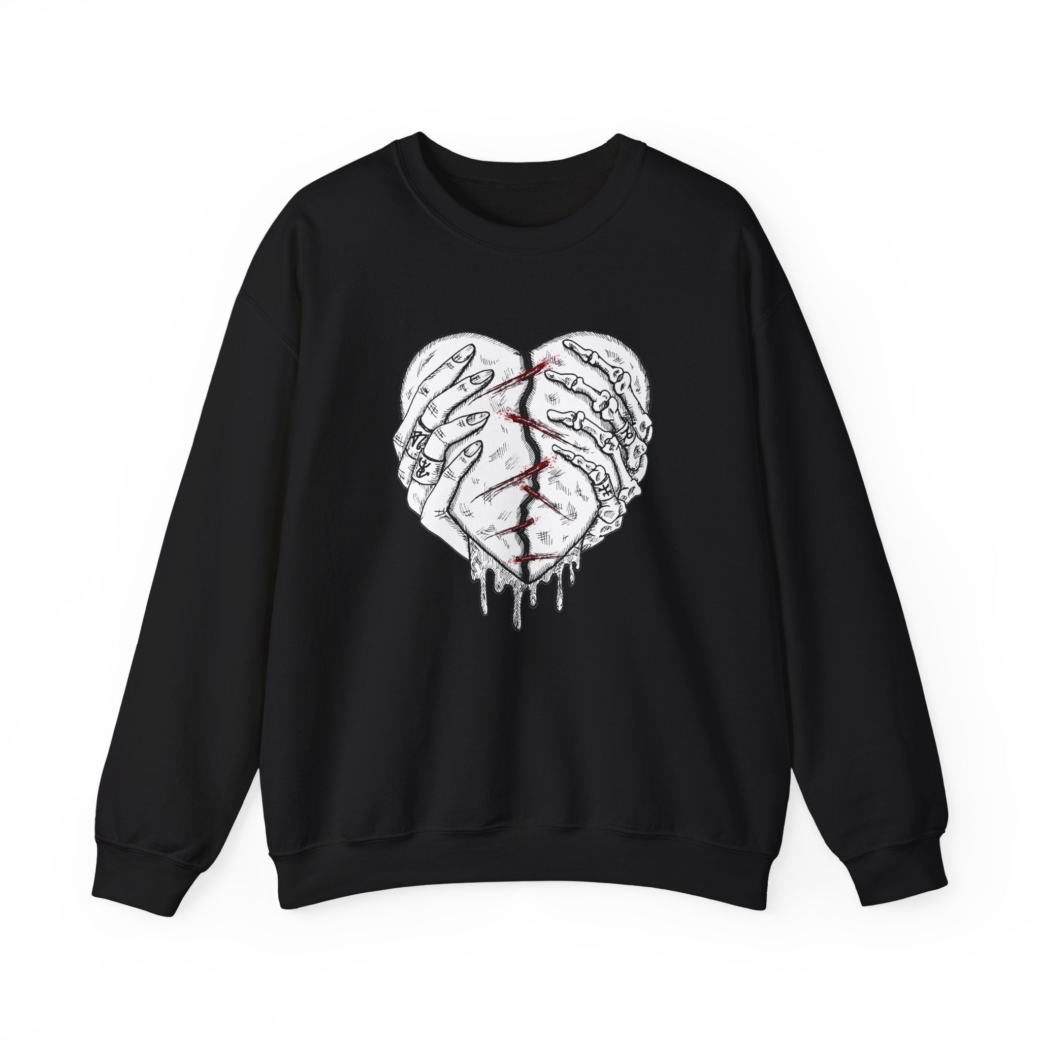 Black sweatshirt with a graphic design of a heart and hands on a white background