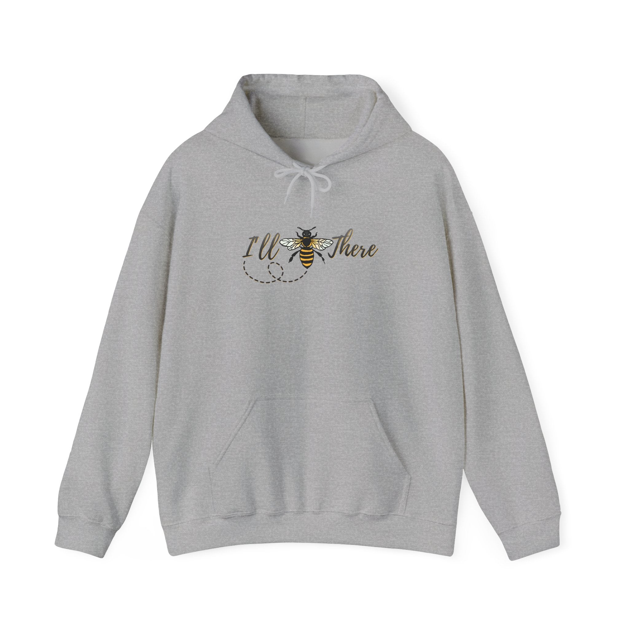 Gray hoodie with a bee and text  design on a white background