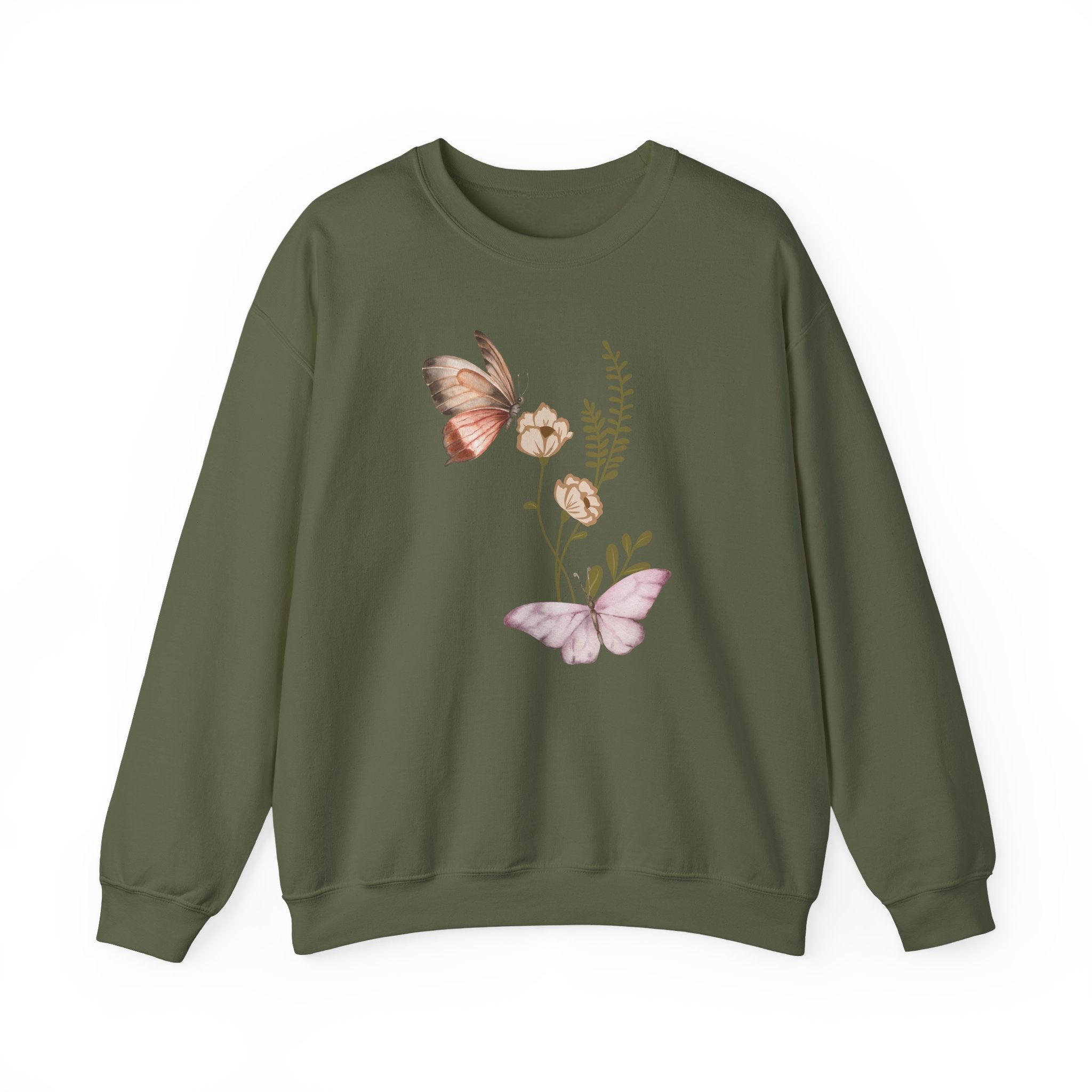 Green sweatshirt with butterfly and floral design on a white background