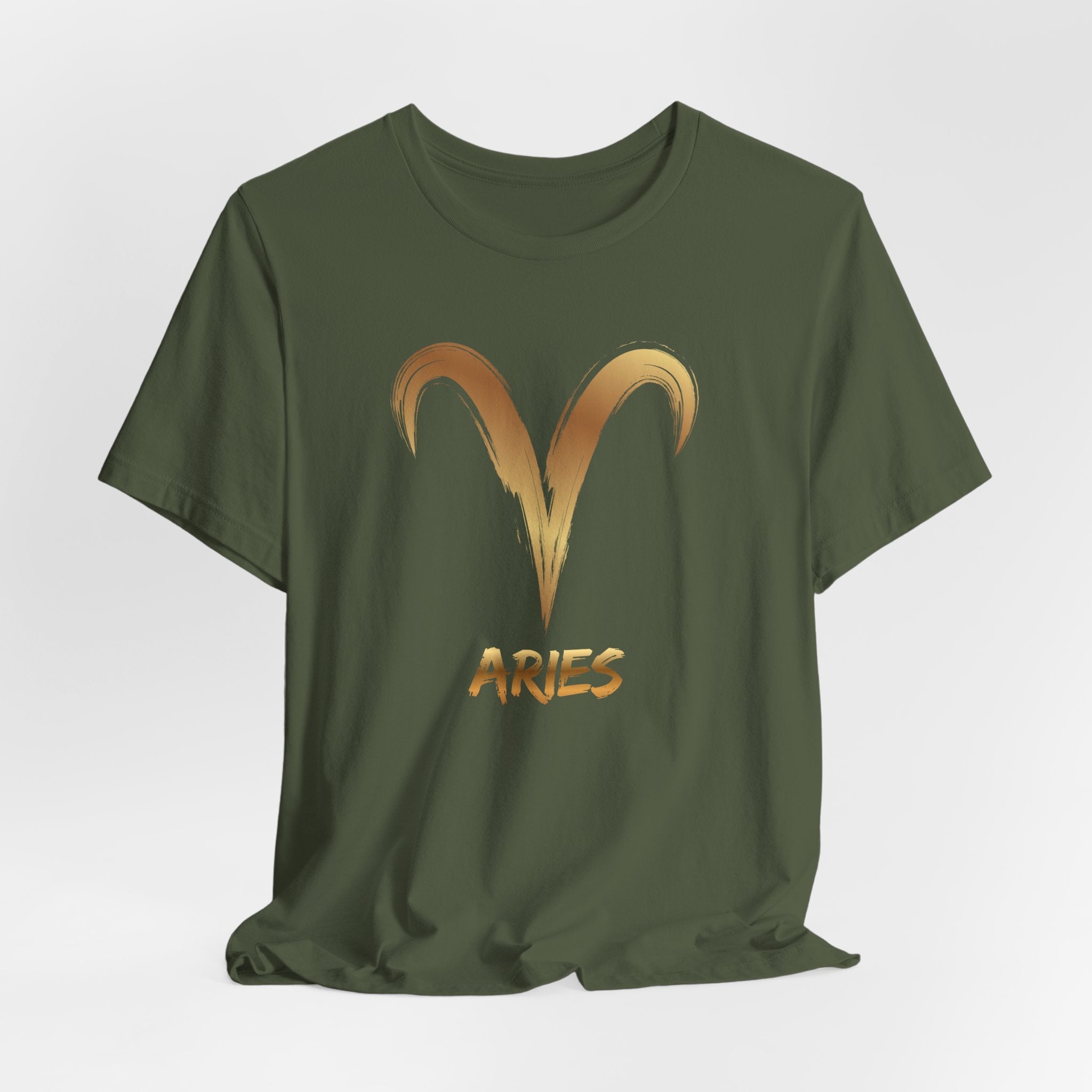 Green t-shirt with Aries symbol and 'ARIES' text on a white background
