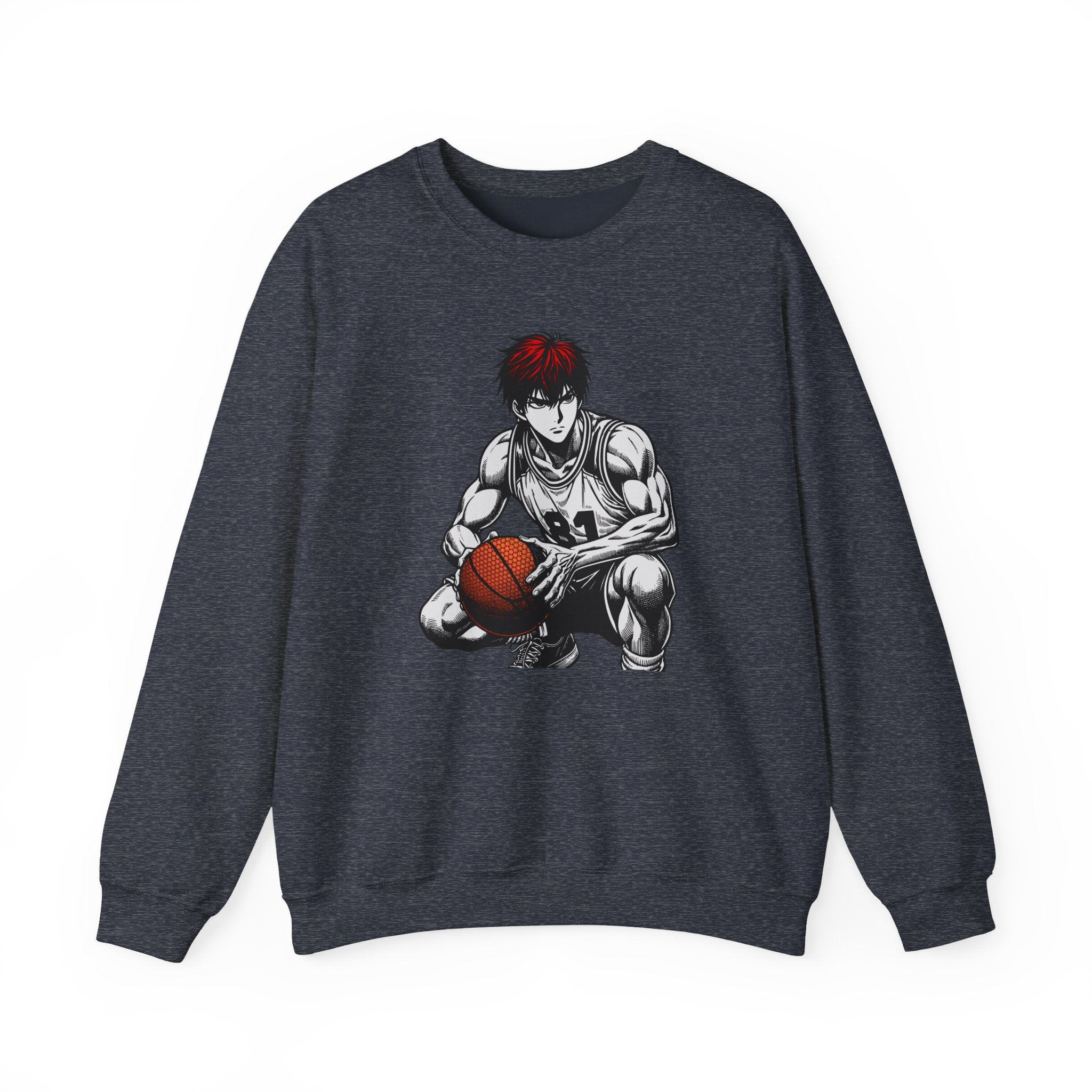 Dark navy sweatshirt with an anime-style graphic of a character holding a basketball on a white background