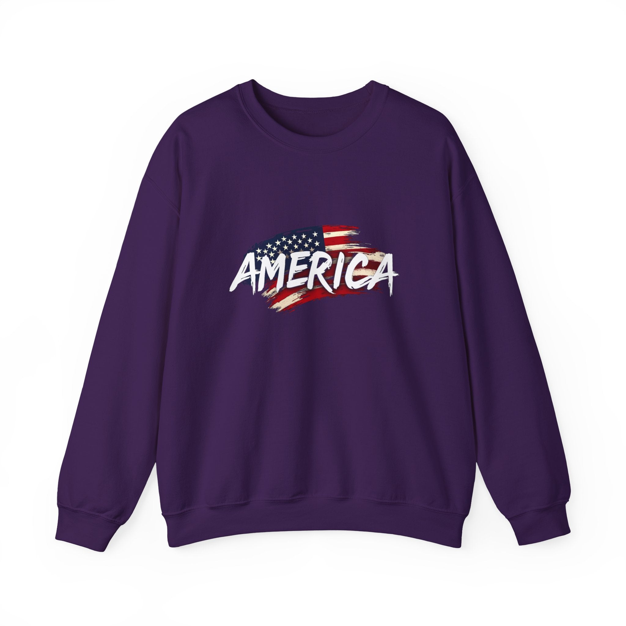 Purple sweatshirt with 'AMERICA' and an American flag design on a white background