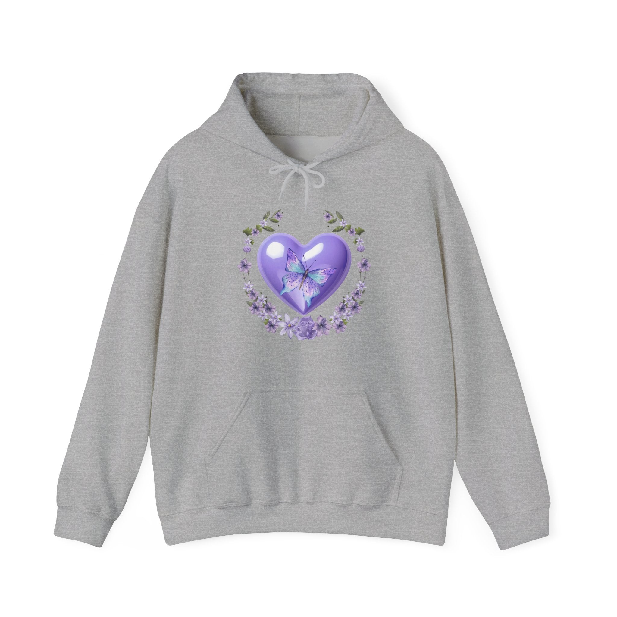 Gray hoodie with a purple heart design on a white background