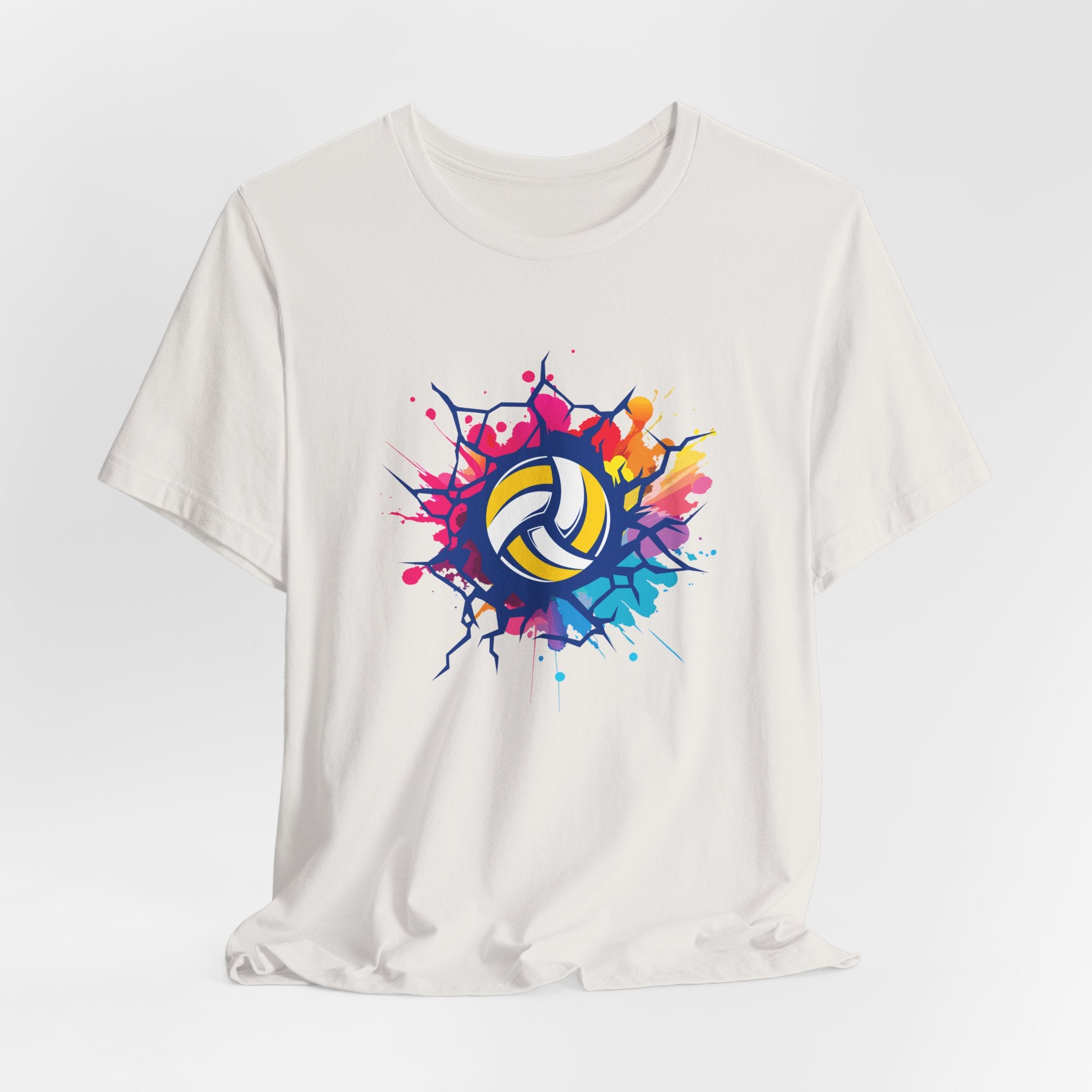 White t-shirt with colorful volleyball graphic on a white background