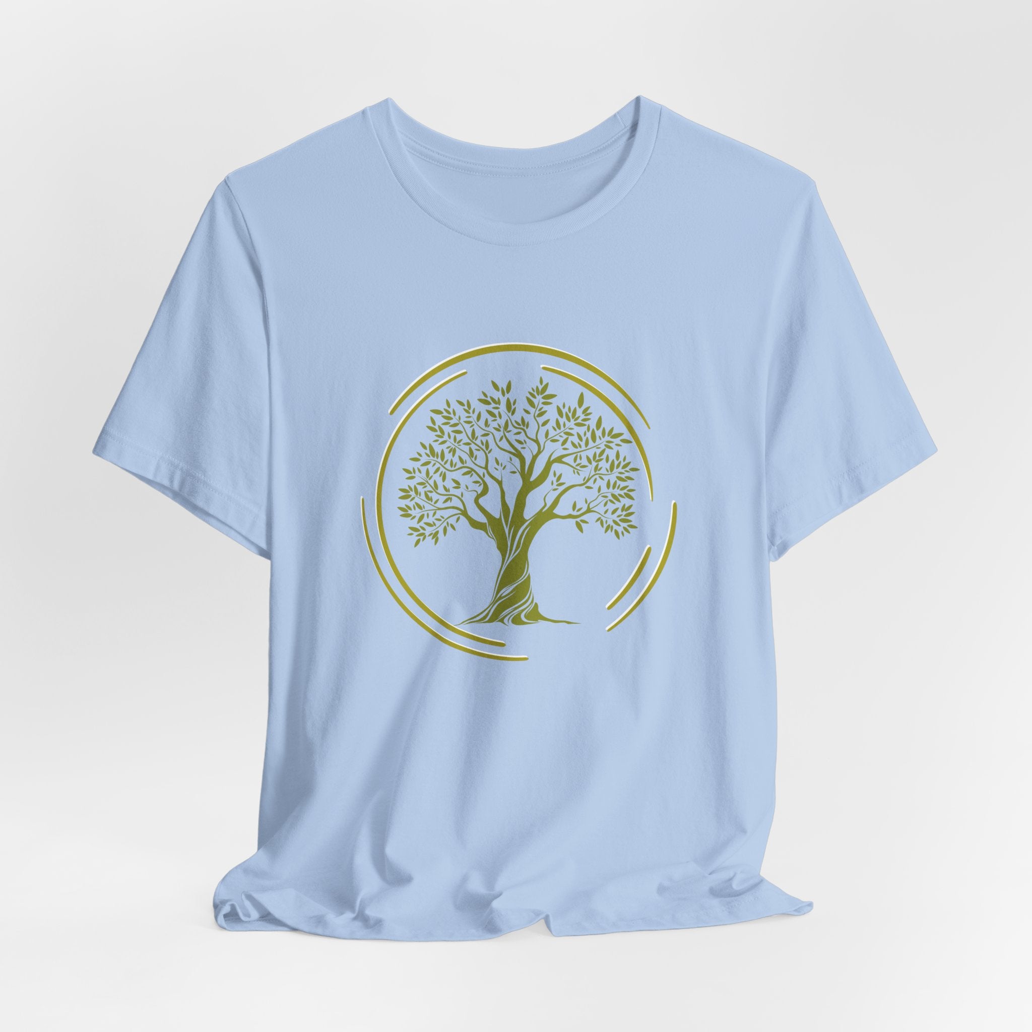 Light blue t-shirt with a green tree design on a white background