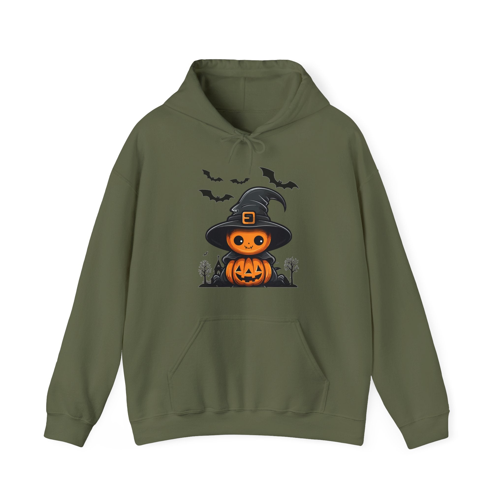 Green hoodie with Halloween-themed design on a white background
